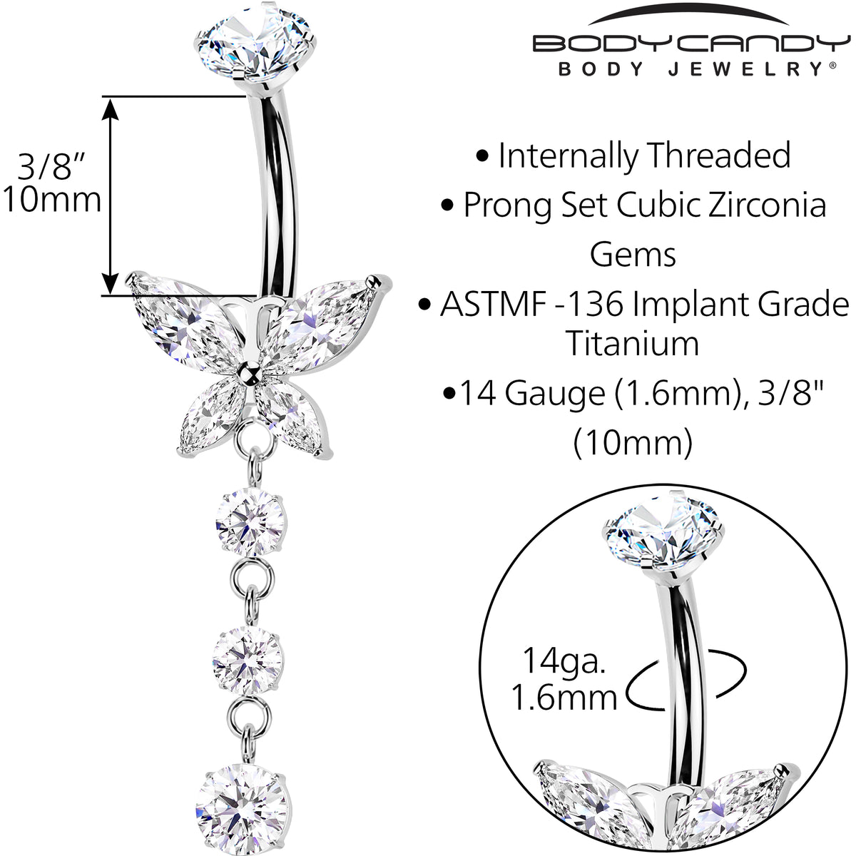Clear CZ Gem Implant Grade Titanium Internally Threaded Butterfly Dangle Belly Ring