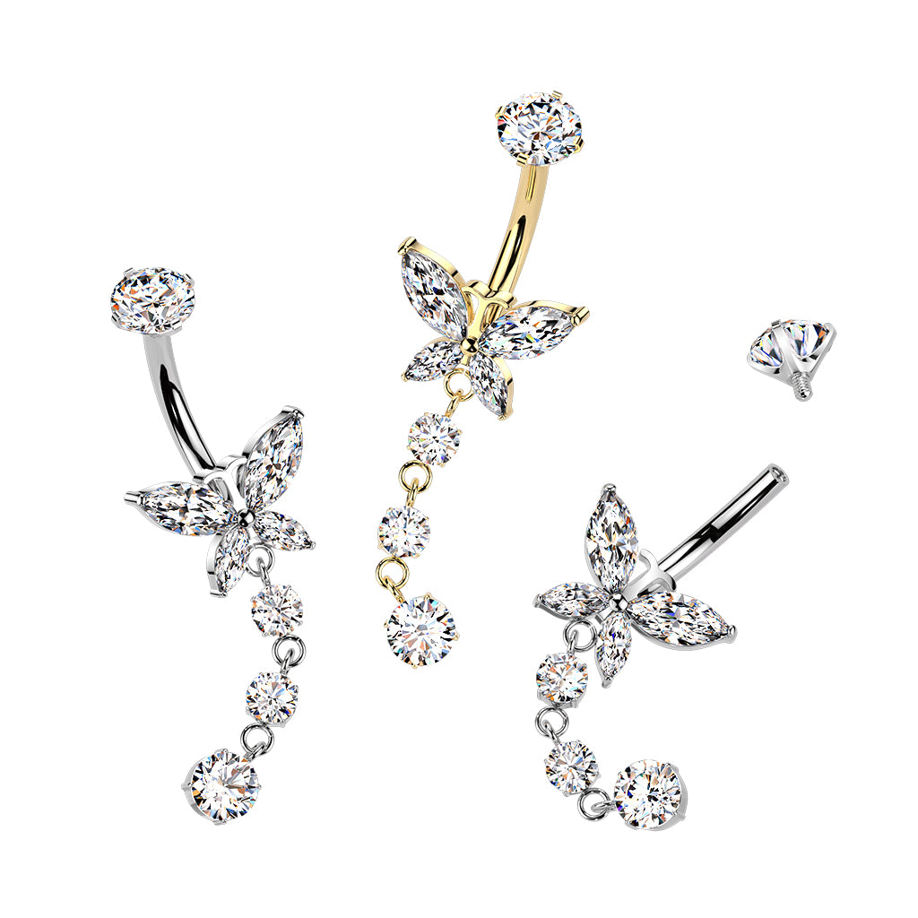 Clear CZ Gem Implant Grade Titanium Internally Threaded Butterfly Dangle Belly Ring