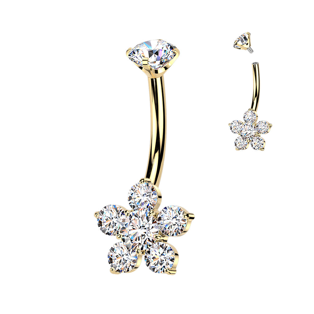 Implant Grade Titanium Internally Threaded CZ Gem Flower Belly Ring