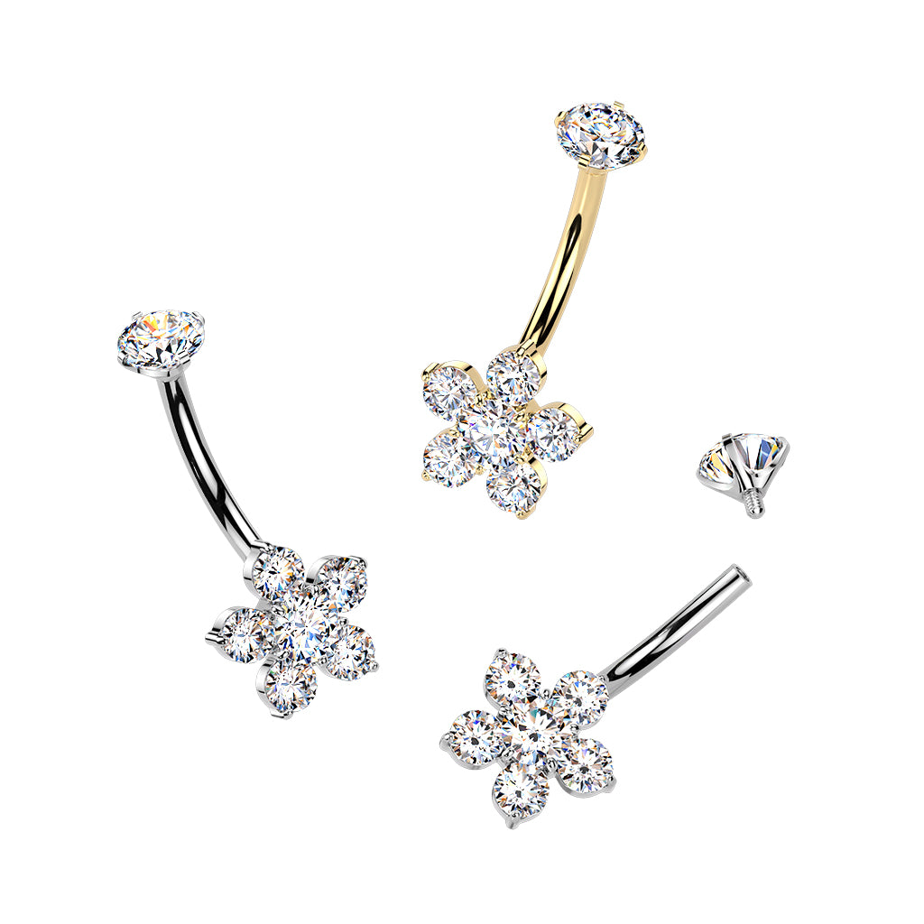 Implant Grade Titanium Internally Threaded CZ Gem Flower Belly Ring