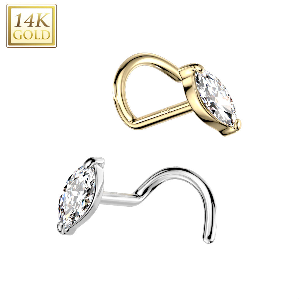 20G Solid 14k Gold Marquise CZ Nose Ring