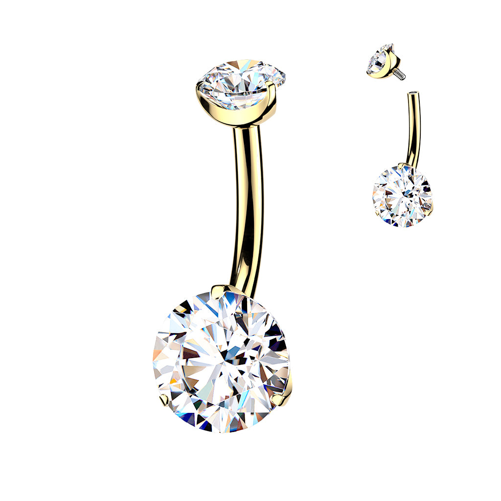 14G 24k Gold Implant Grade Titanium CZ Dual Hearts Internally Threaded Belly Ring