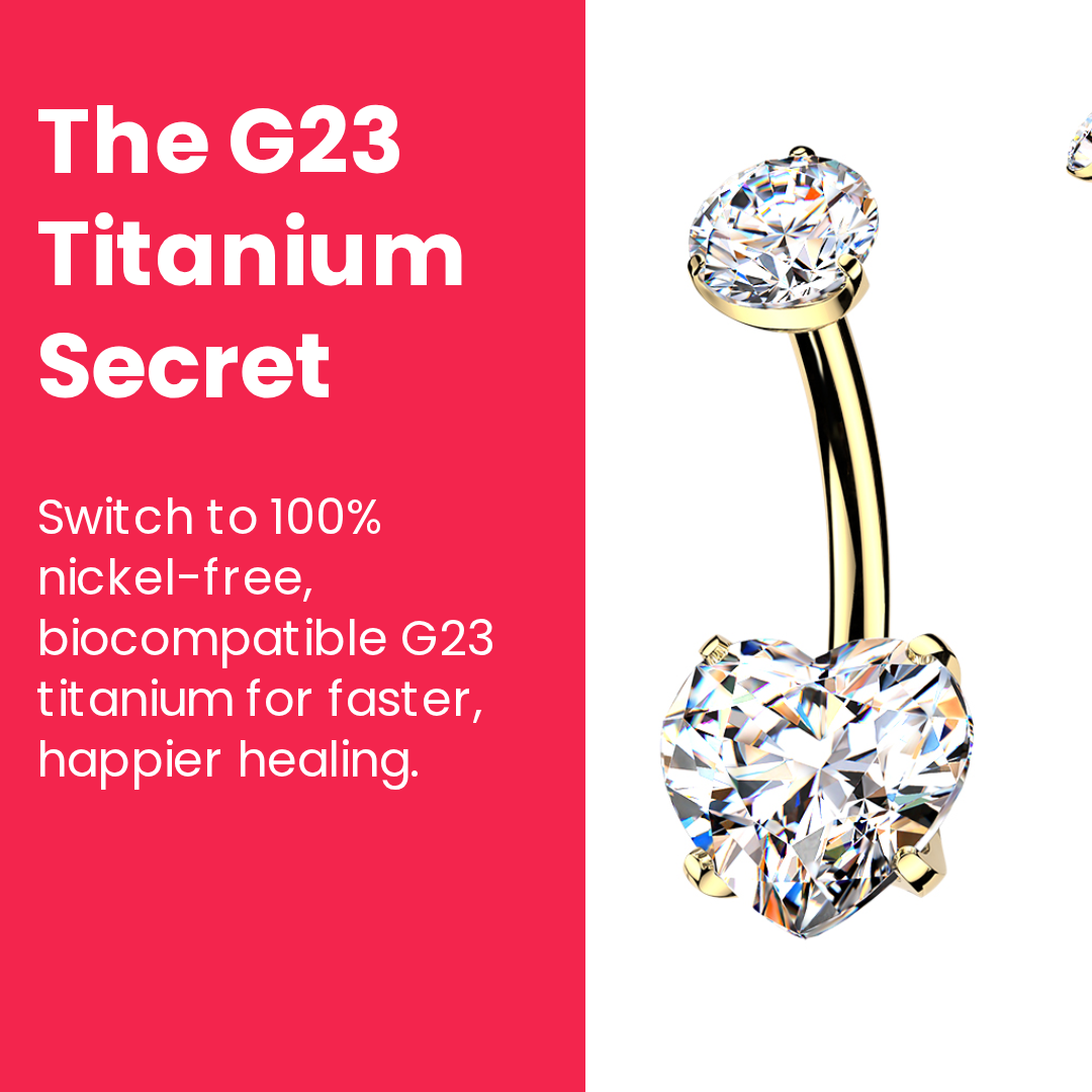 24k Gold Implant Grade Titanium CZ Dual Hearts Internally Threaded Belly Ring