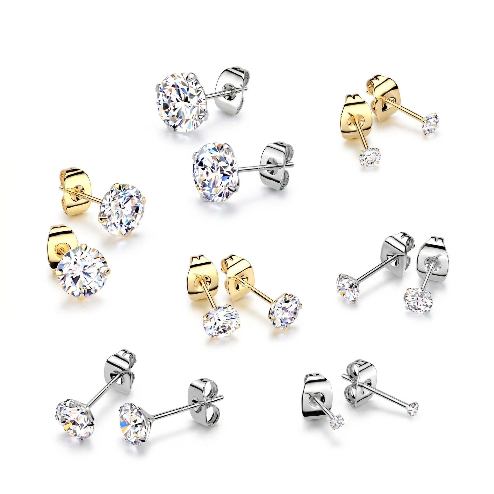 925 Sterling Silver CZ Stud Earrings 3mm to 8mm