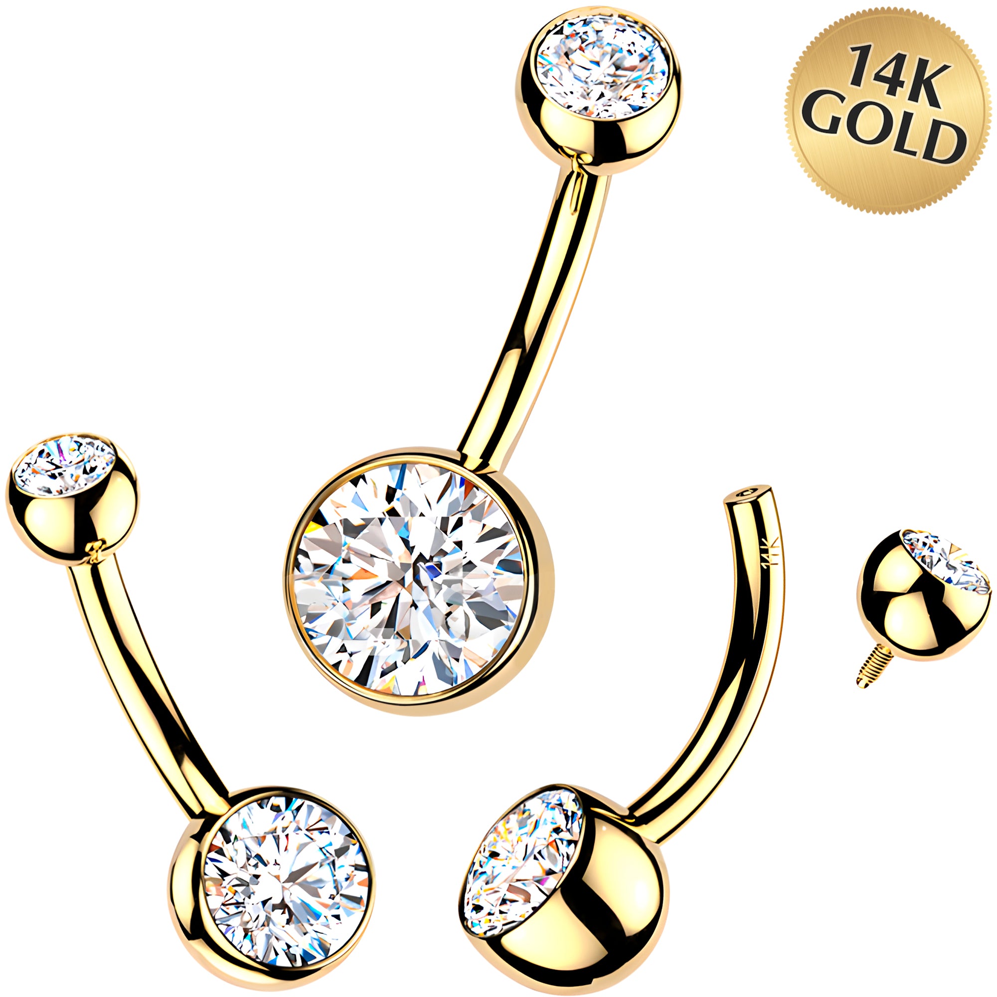 14k Gold Bezel Dazzle CZ Internally Threaded Belly Ring