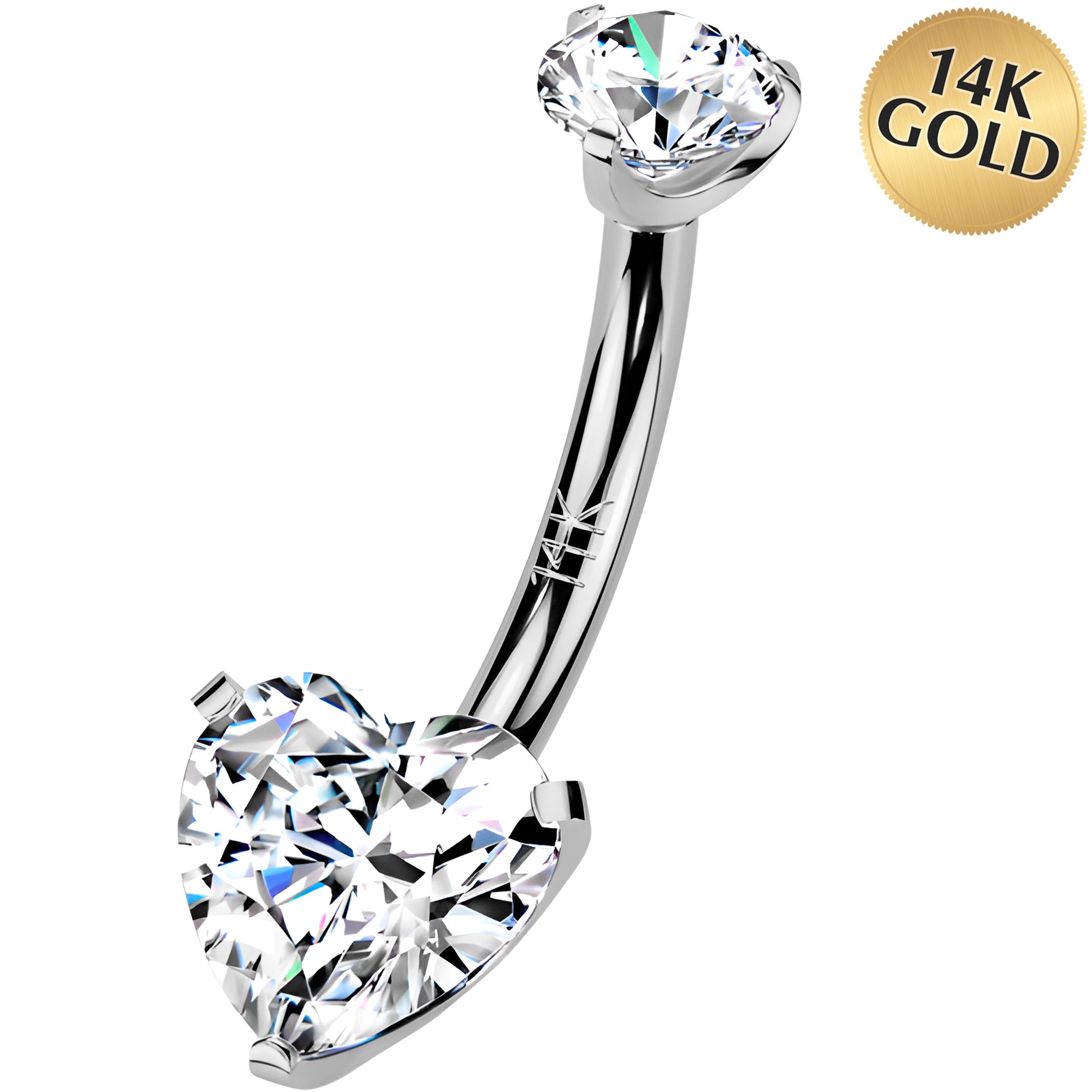 Solid 14k Gold Heart Cubic Zirconia Internally Threaded Belly Ring