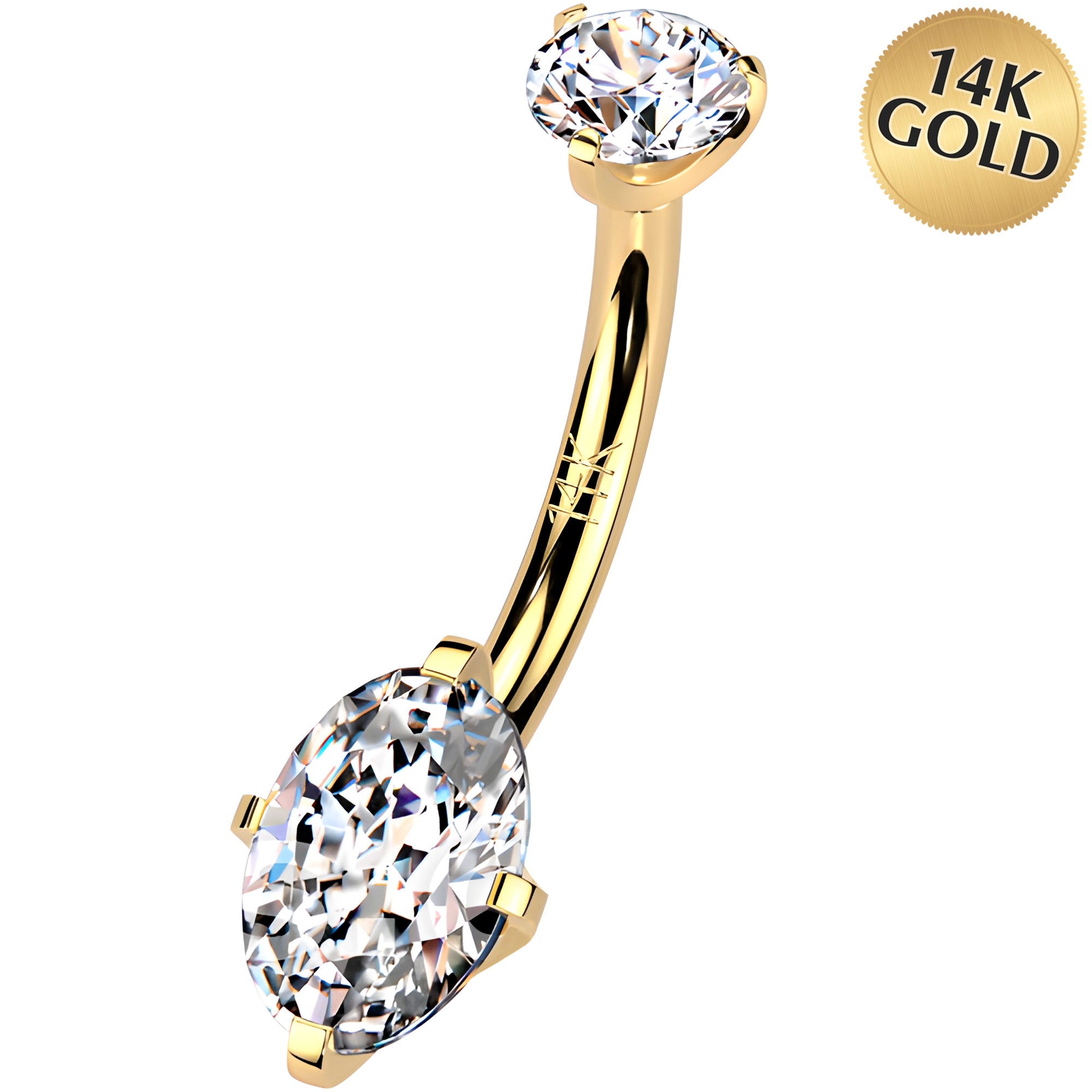 Solid 14k Yellow Gold Oval Cubic Zirconia Internally Threaded Belly Ring