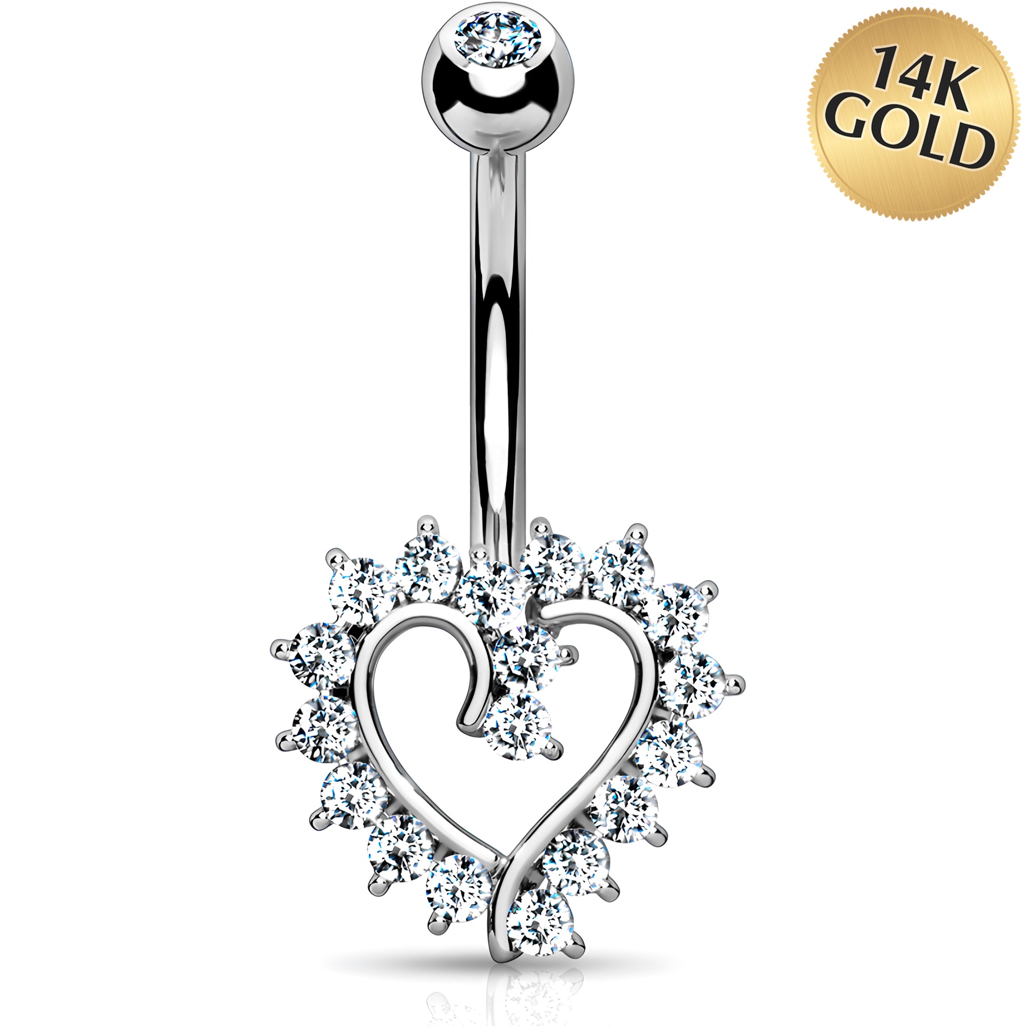 Solid 14k Gold Cubic Zirconia Open Heart Belly Ring
