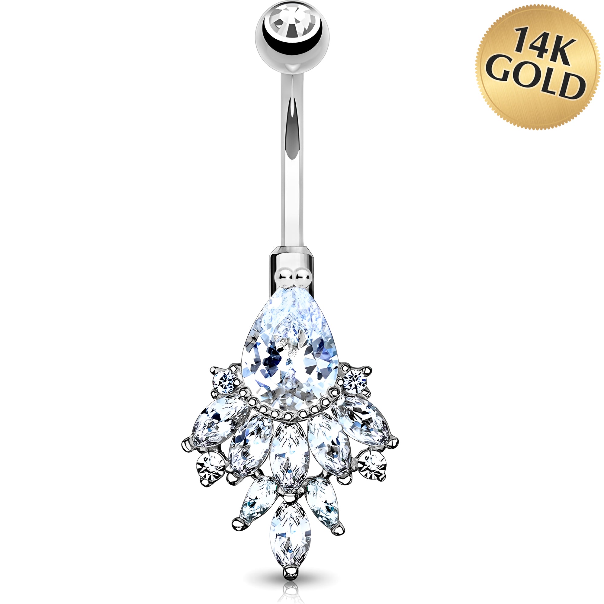 Solid 14k White Gold Cubic Zirconia Cluster Fan Drop Belly Ring