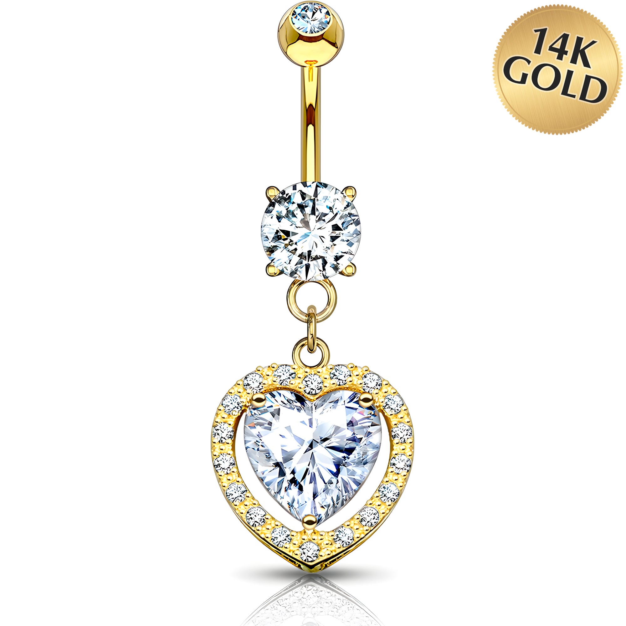 Solid 14k Yellow Gold Heart Halo Cubic Zirconia Dangle Belly Ring