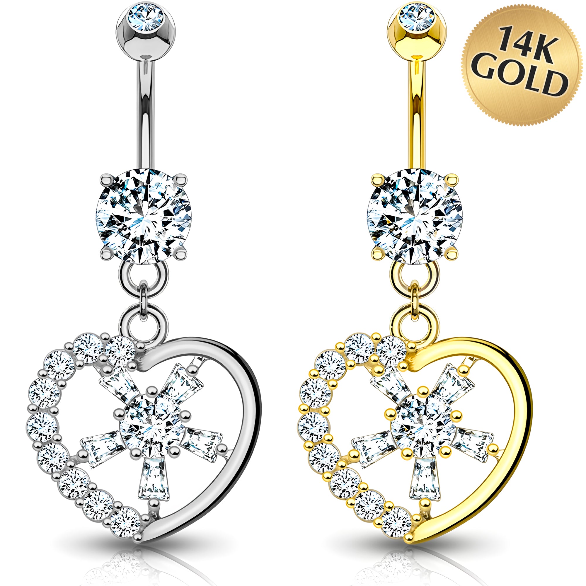 Solid 14k Gold Sparkling Heart Burst Cubic Zirconia Dangle Belly Ring
