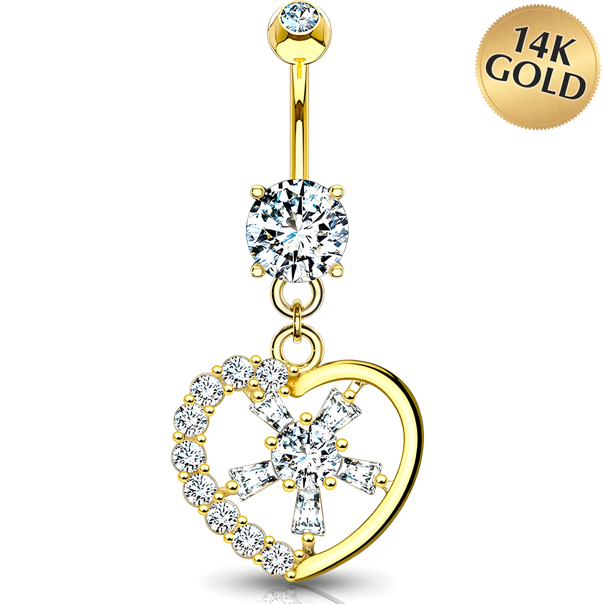 Solid 14k Gold Sparkling Heart Burst Cubic Zirconia Dangle Belly Ring