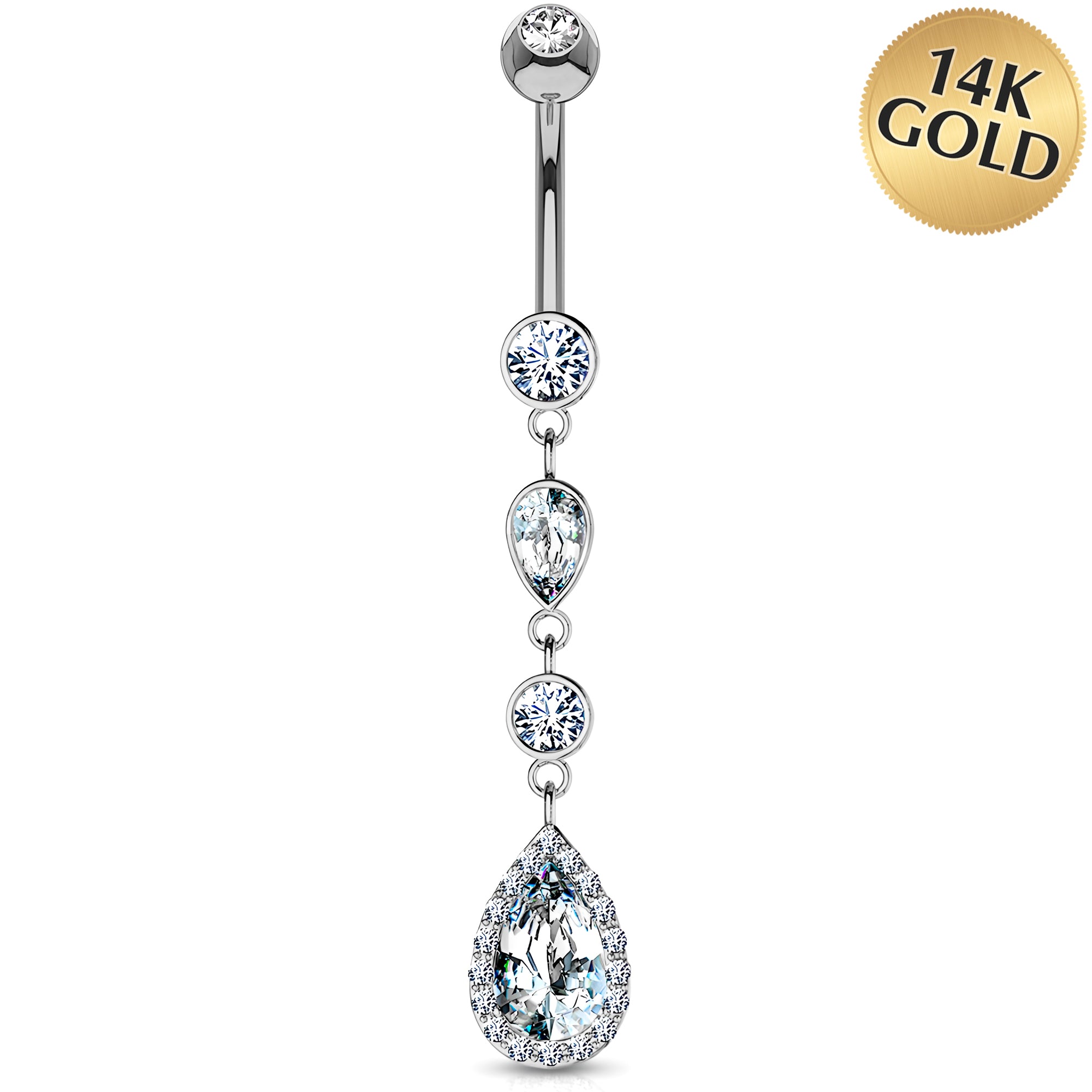 Solid 14k Gold Pear Halo Cubic Zirconia Cascade Dangle Belly Ring