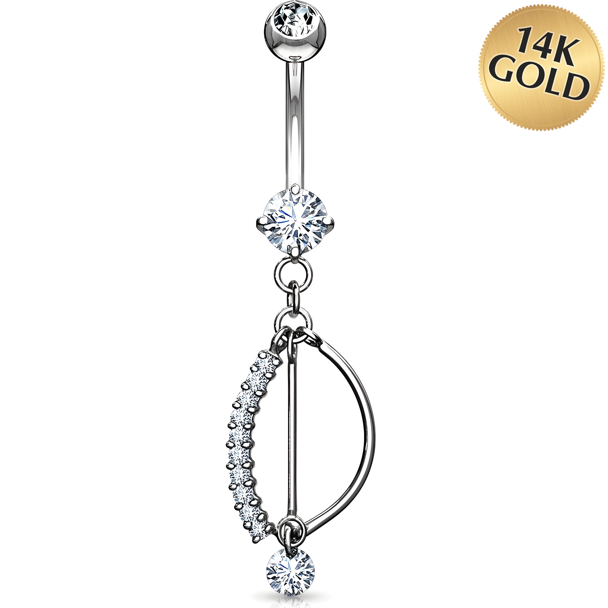 Solid 14k White Gold Crescent Arc Cubic Zirconia Dangle Belly Ring