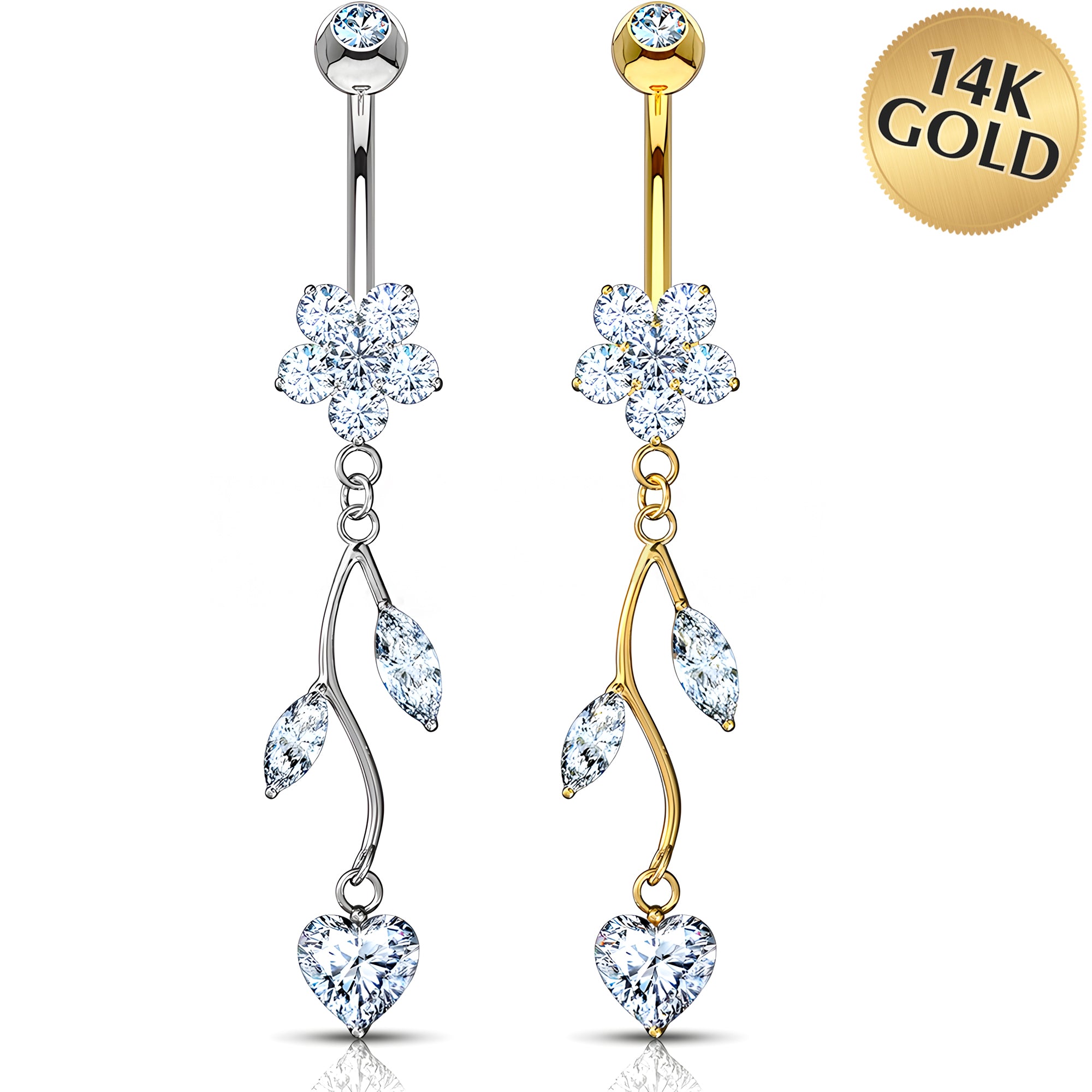 Solid 14k Gold Floral Heart Vine Cubic Zirconia Dangle Belly Ring