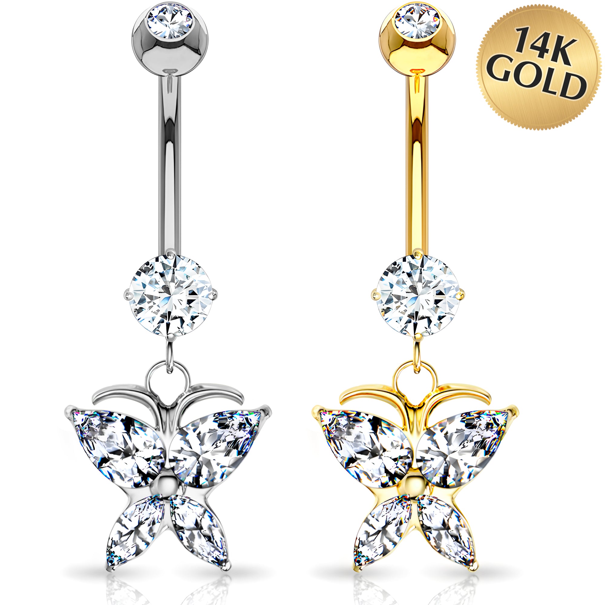 Solid 14k Gold Marquise Butterfly Cubic Zirconia Dangle Belly Ring