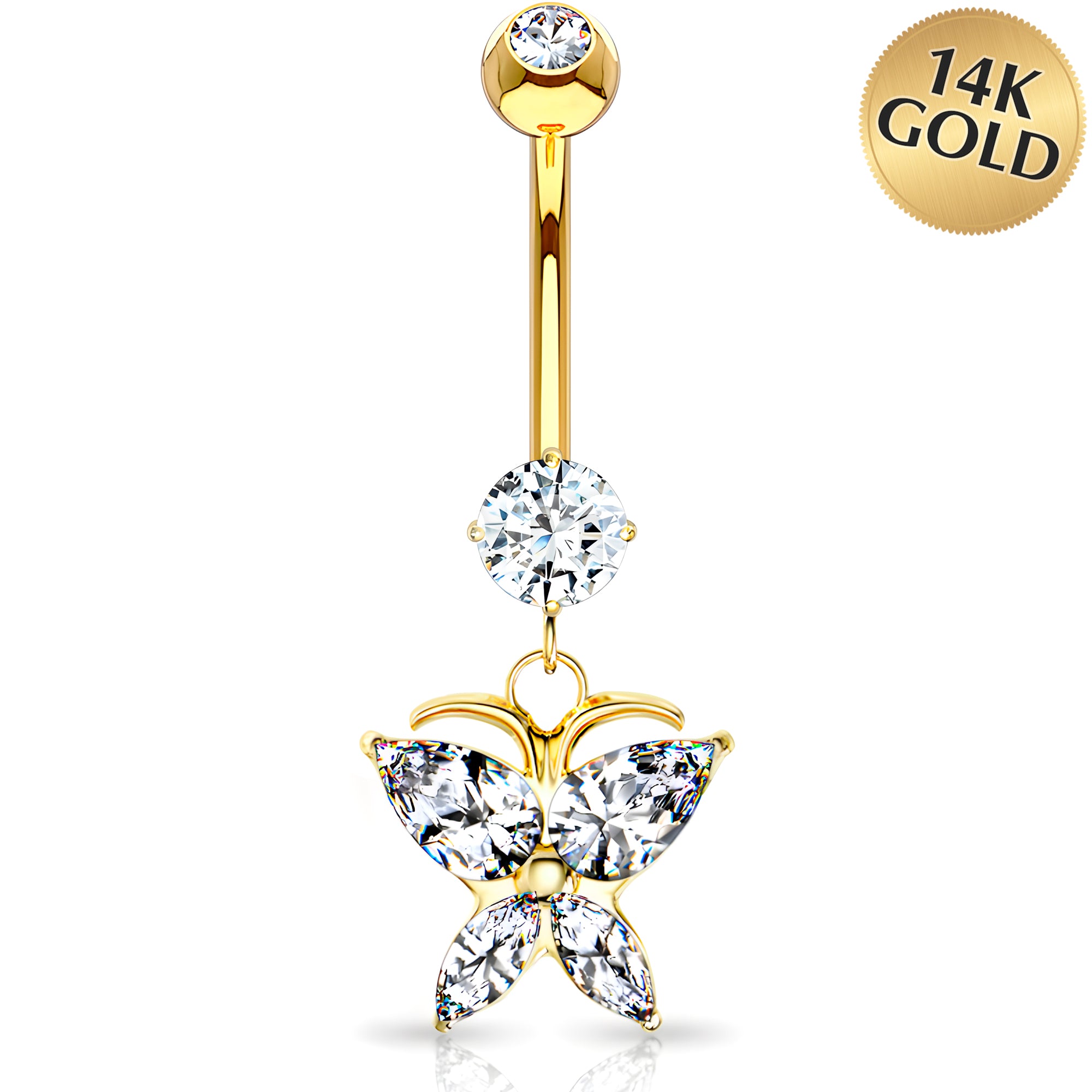 Solid 14k Gold Marquise Butterfly Cubic Zirconia Dangle Belly Ring