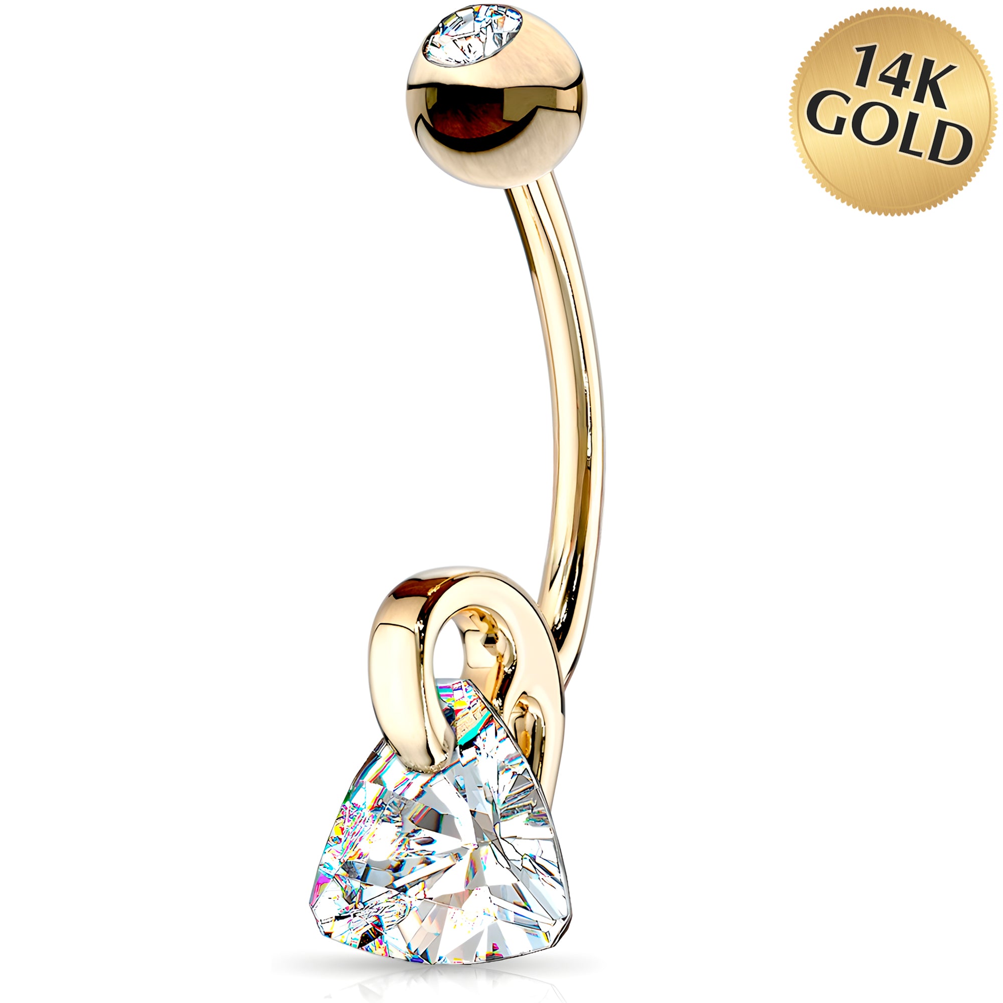 Solid 14k Yellow Gold Trillion Cubic Zirconia Dangle Belly Ring