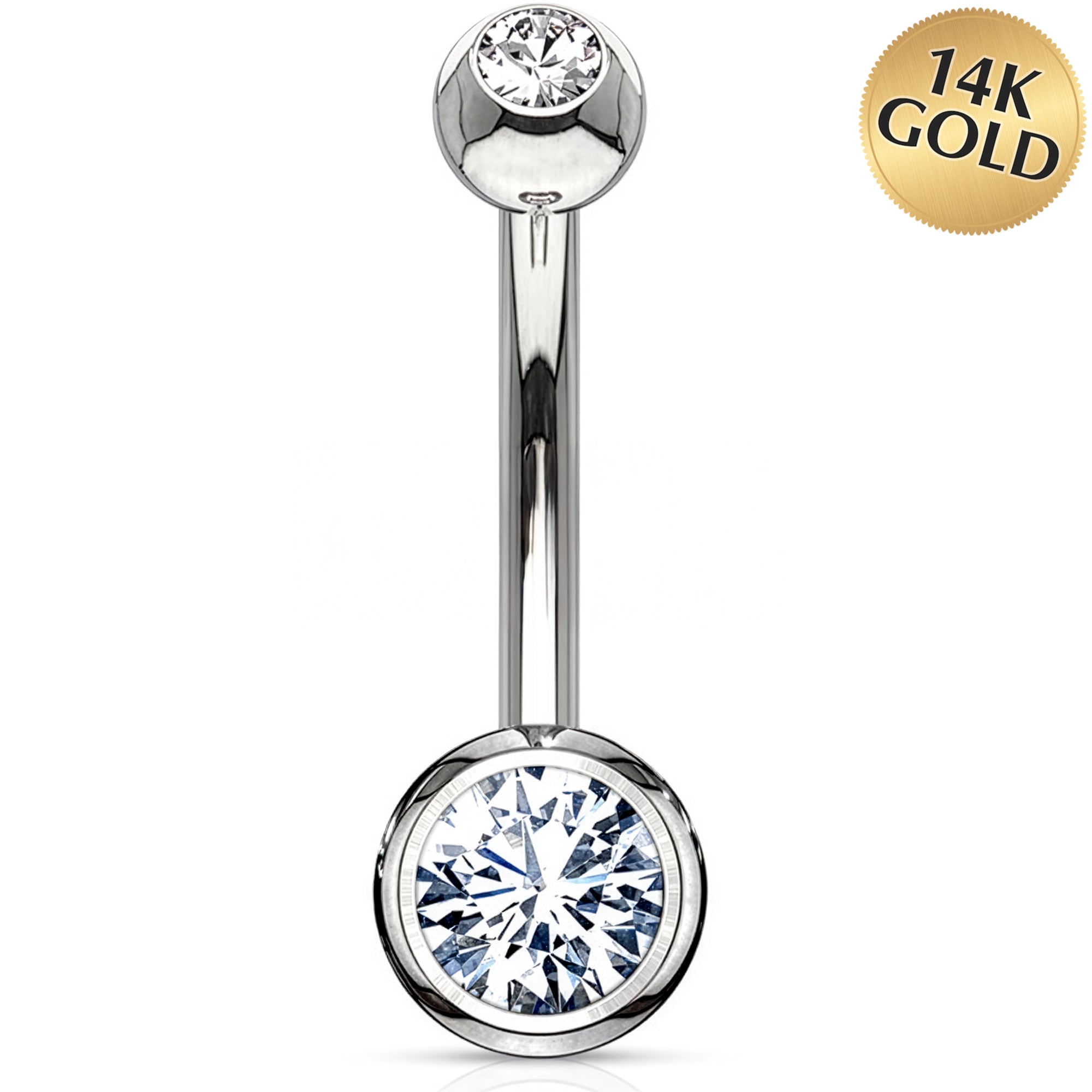 Solid 14k White Gold Double Bezel Set Cubic Zirconia Belly Ring