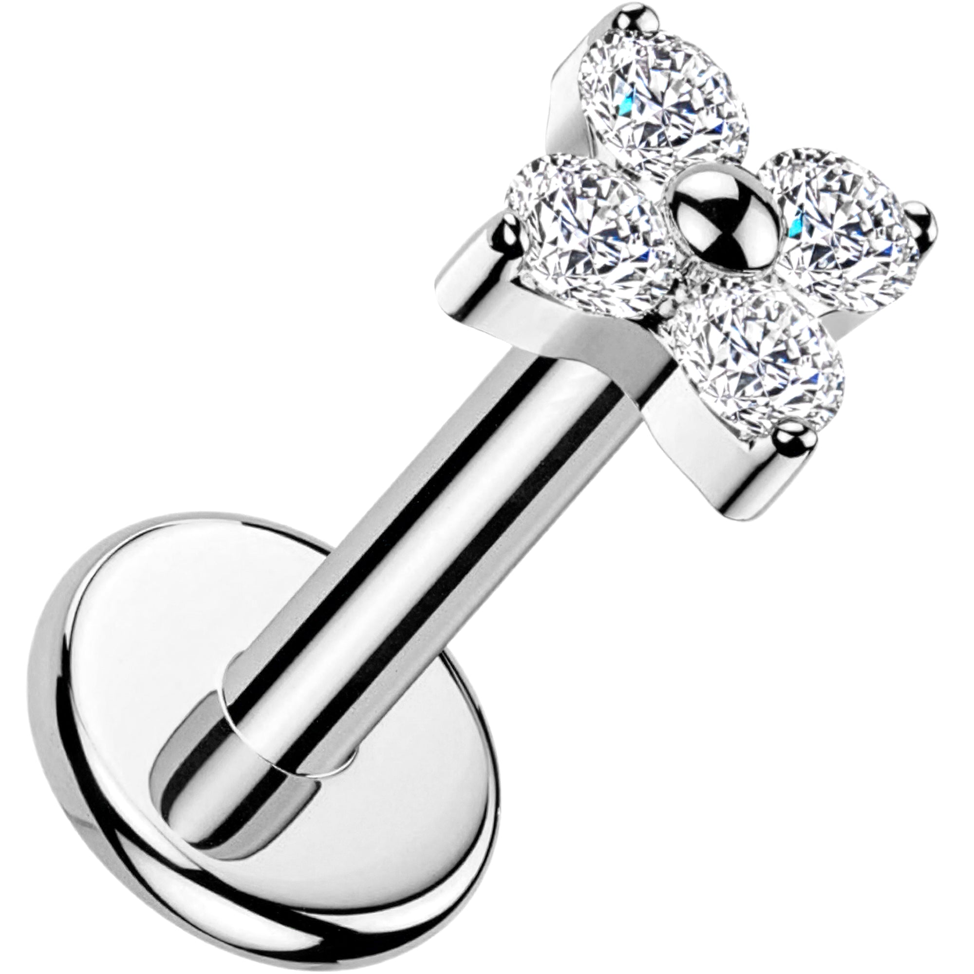 16G Implant Grade Titanium Internally Threaded 4-Petal CZ Flower Flat Back Earring