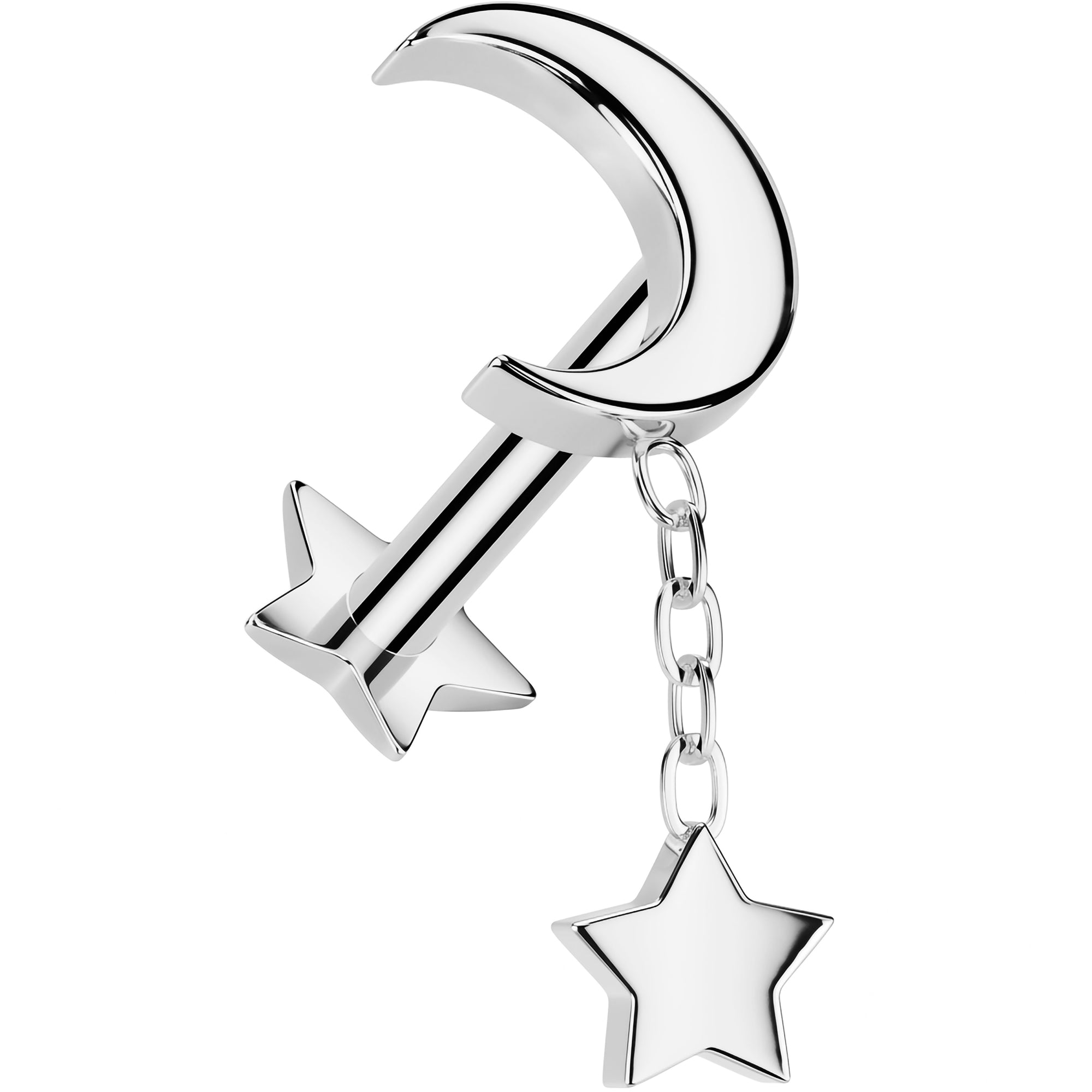 18G Implant Grade Titanium Reversible Threadless Push In Crescent Moon Star Dangle Flat Back Earring