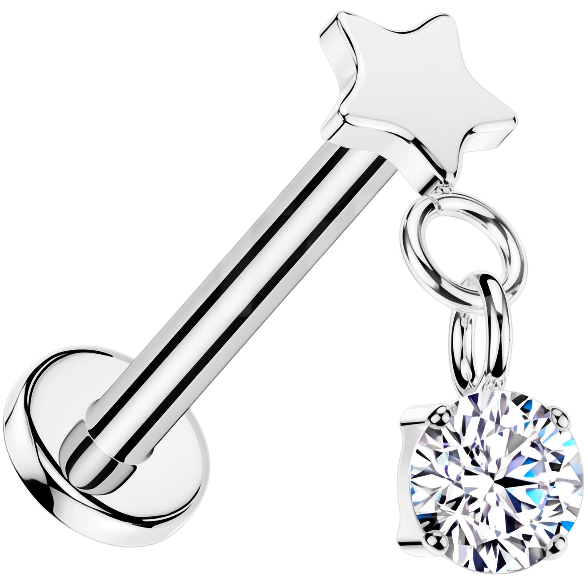 18G Implant Grade Titanium Threadless Push In Star CZ Solitaire Dangle Flat Back Earring