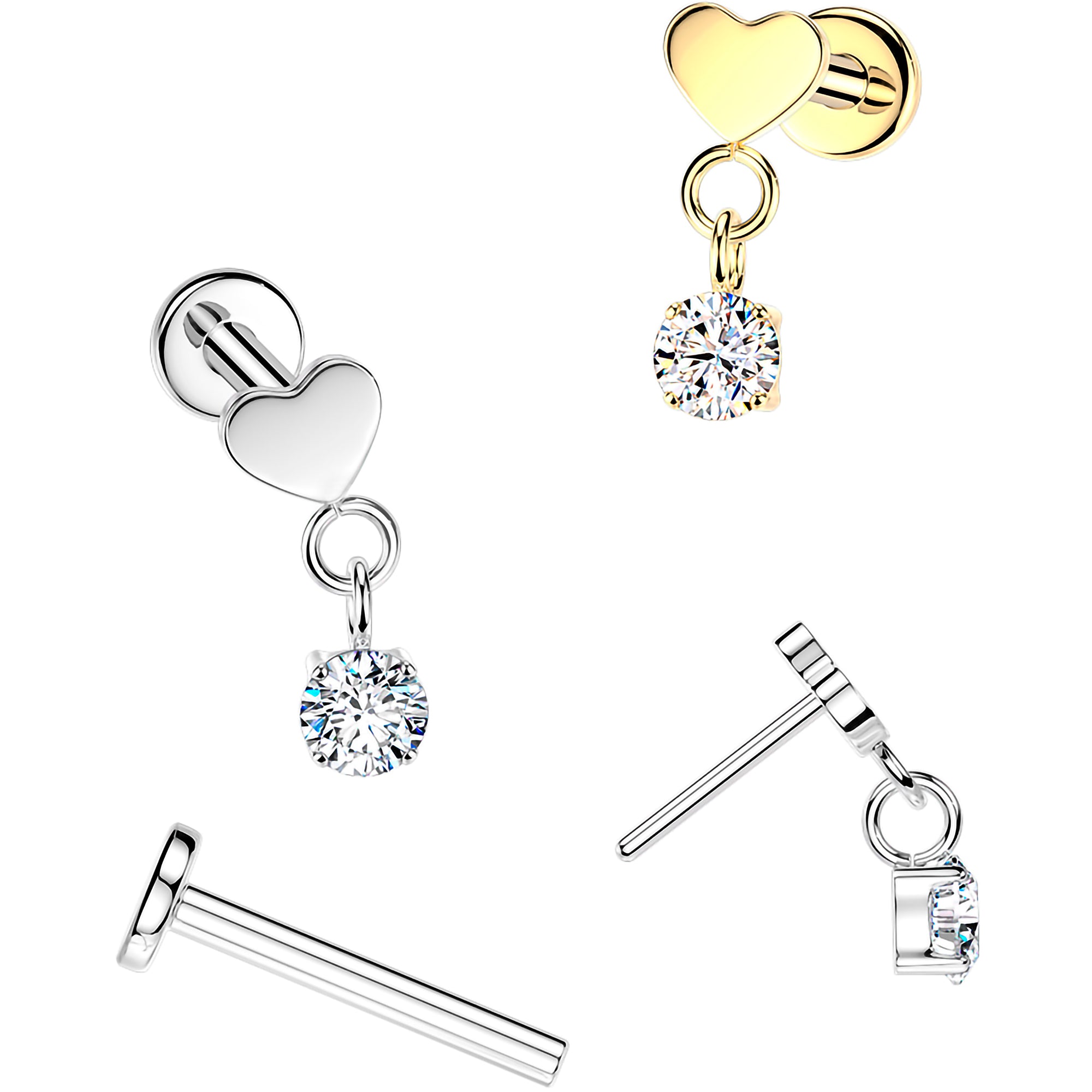 18G Implant Grade Titanium Threadless Push In Heart CZ Solitaire Dangle Flat Back Earring