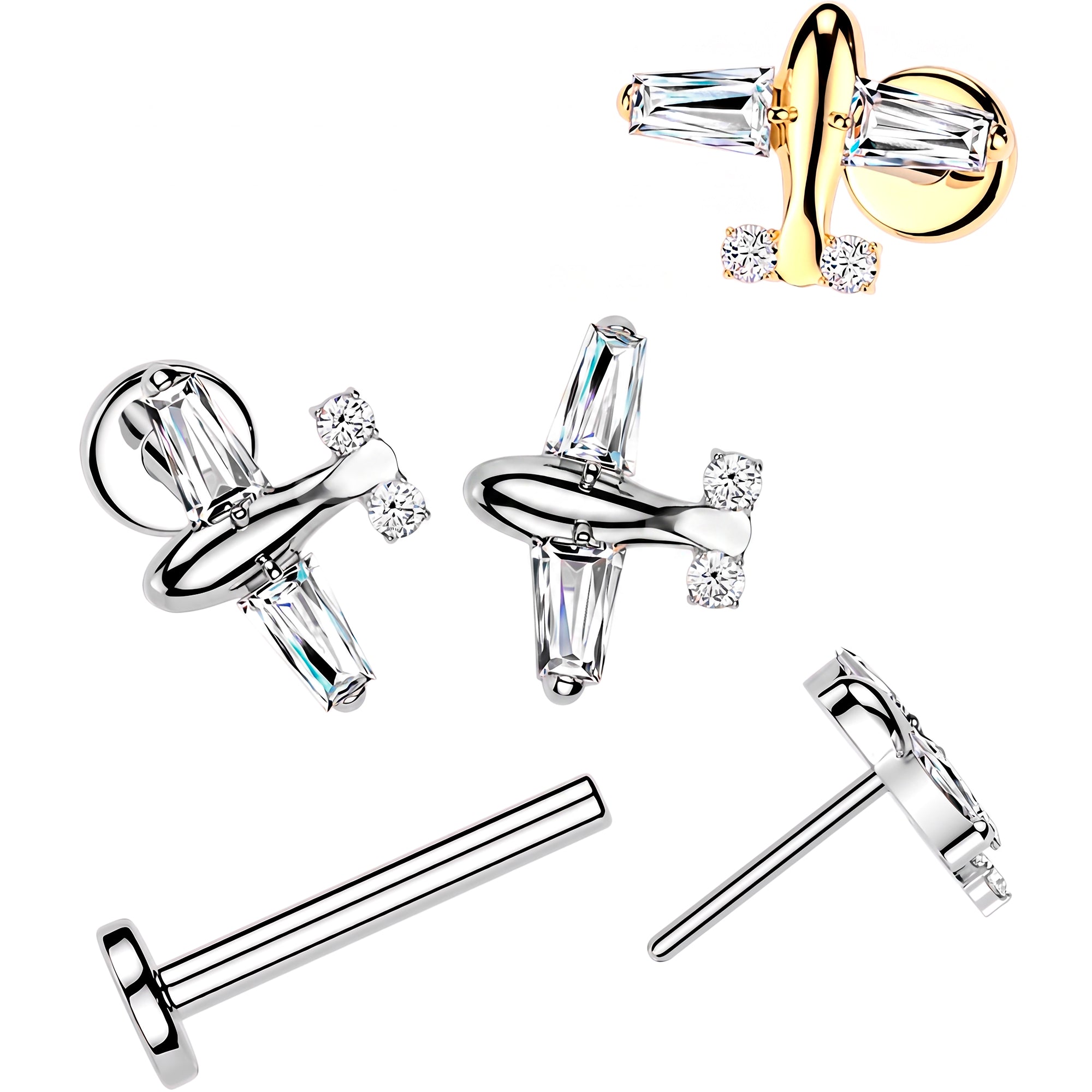 18G Implant Grade Titanium Threadless Push In CZ Airplane Flat Back Earring