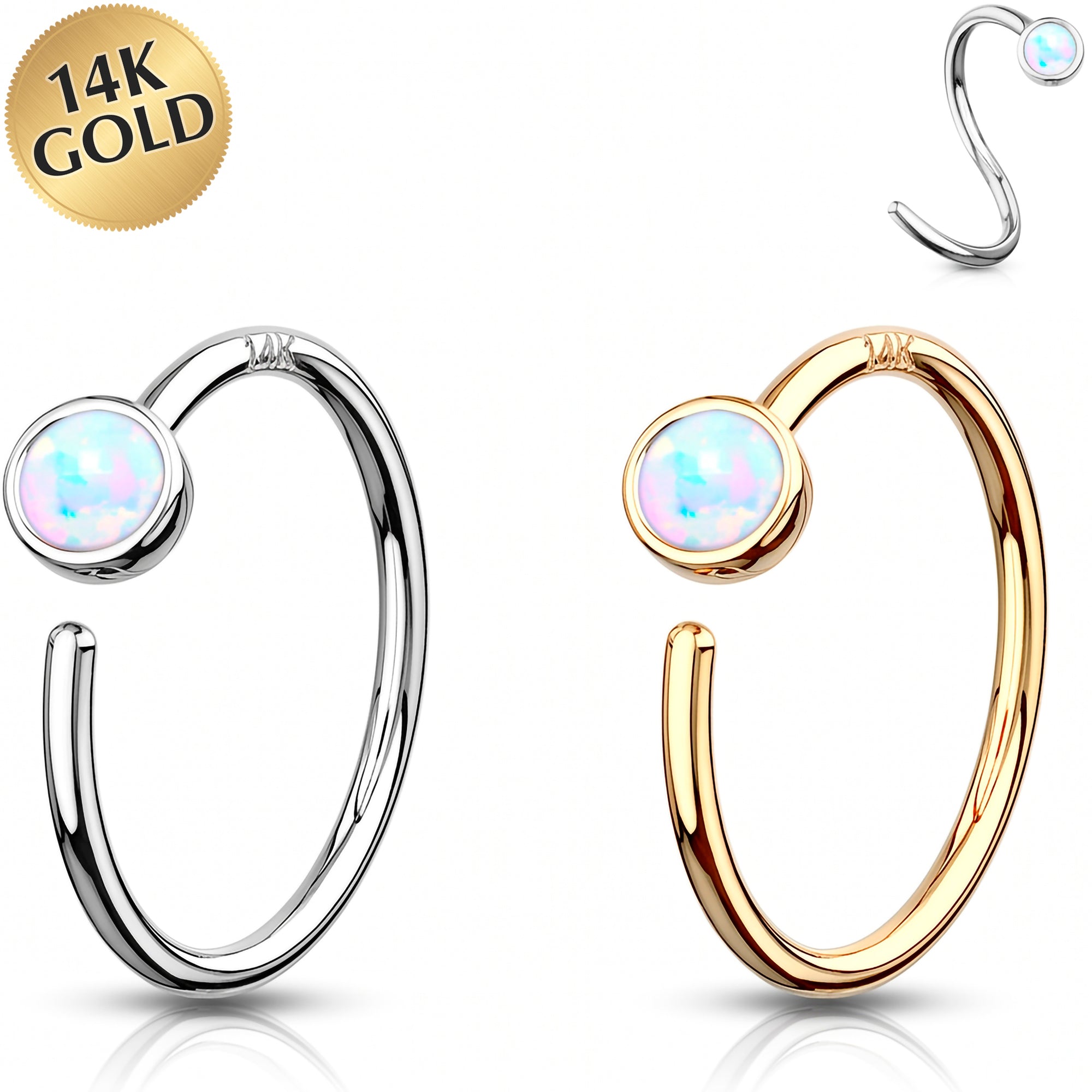 14k Solid Gold Bendable Nose Hoop 20G 5/16 with Bezel Synthetic Opal