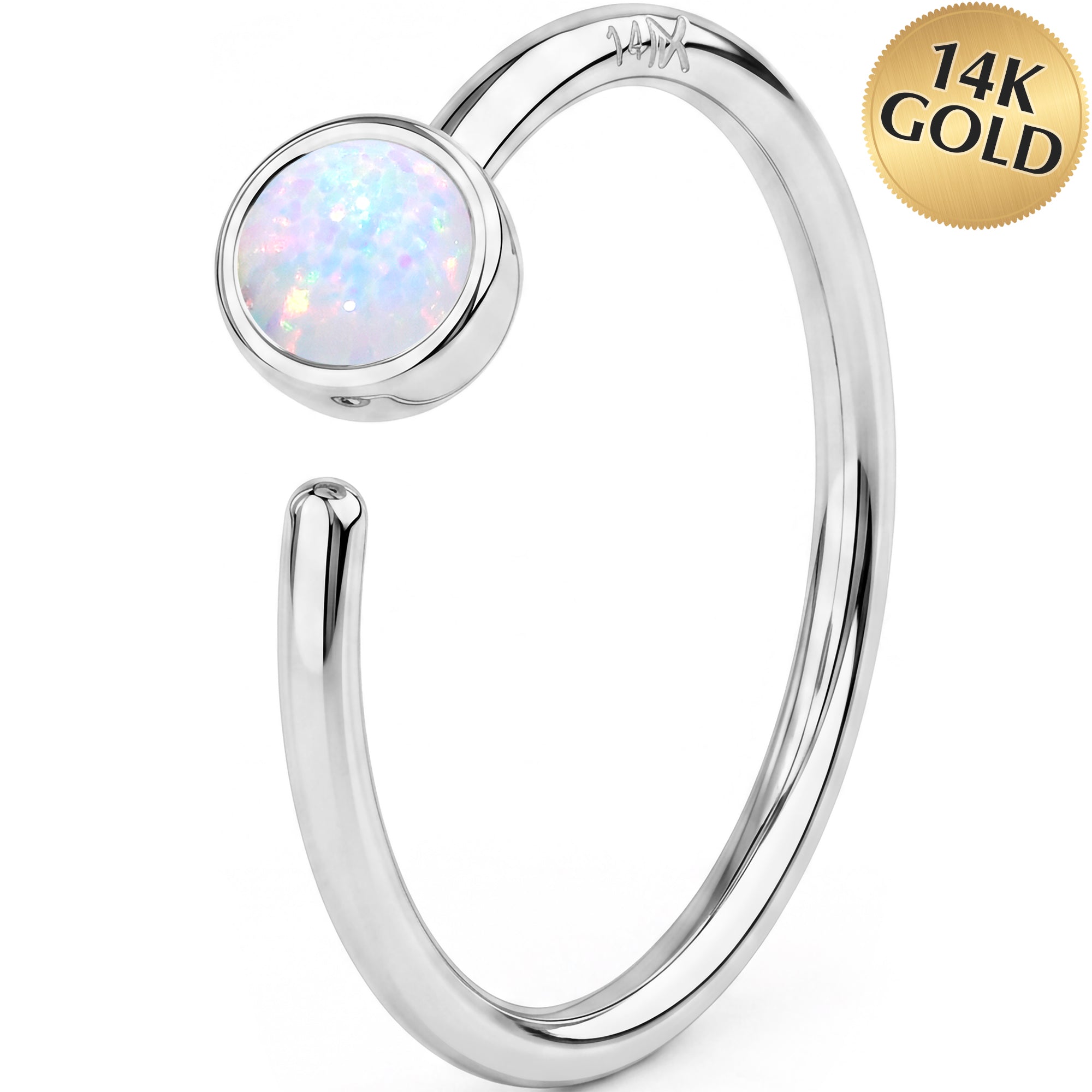 14k Solid Gold Bendable Nose Hoop 20G 5/16 with Bezel Synthetic Opal