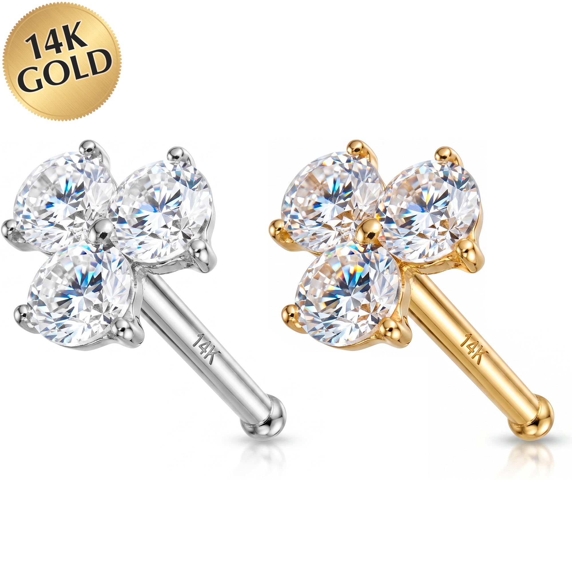 20G 14k Solid Gold CZ Trio Nose Bone
