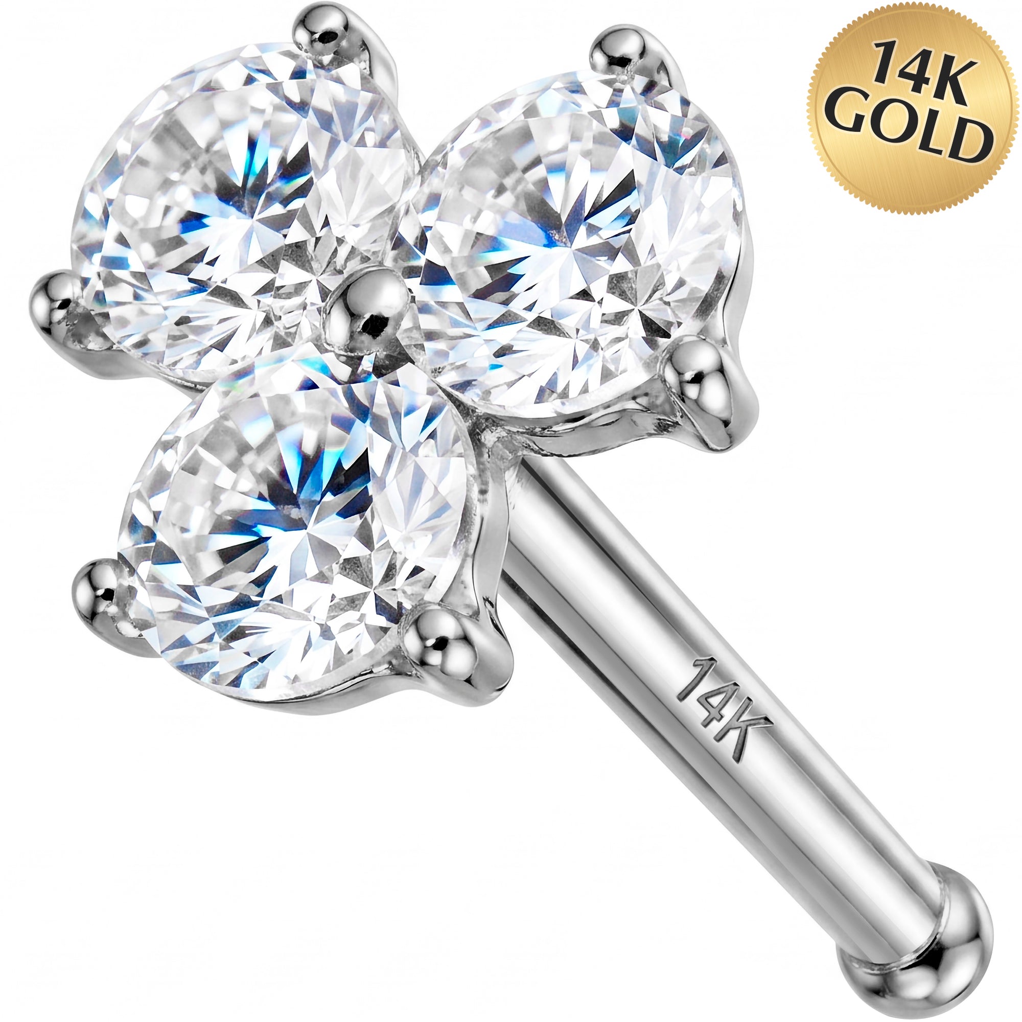20G 14k Solid Gold CZ Trio Nose Bone