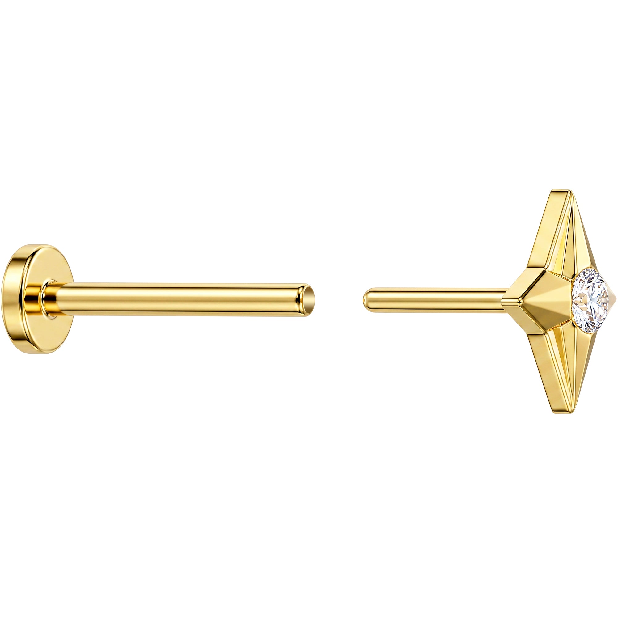 20G 14k Yellow Gold Lab Grown Diamond Bar Threadless Push In Flat Back Earring
