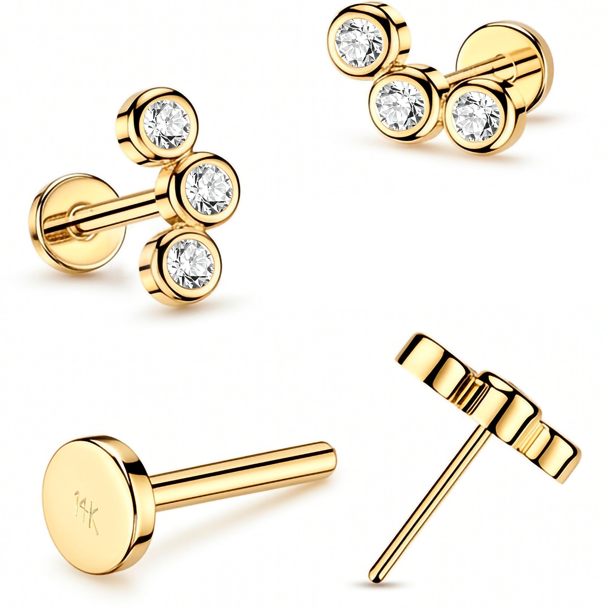 20G 14k Yellow Gold Curve Trio Lab Grown Diamond Curved Threadless Push In Flat Back Earring
