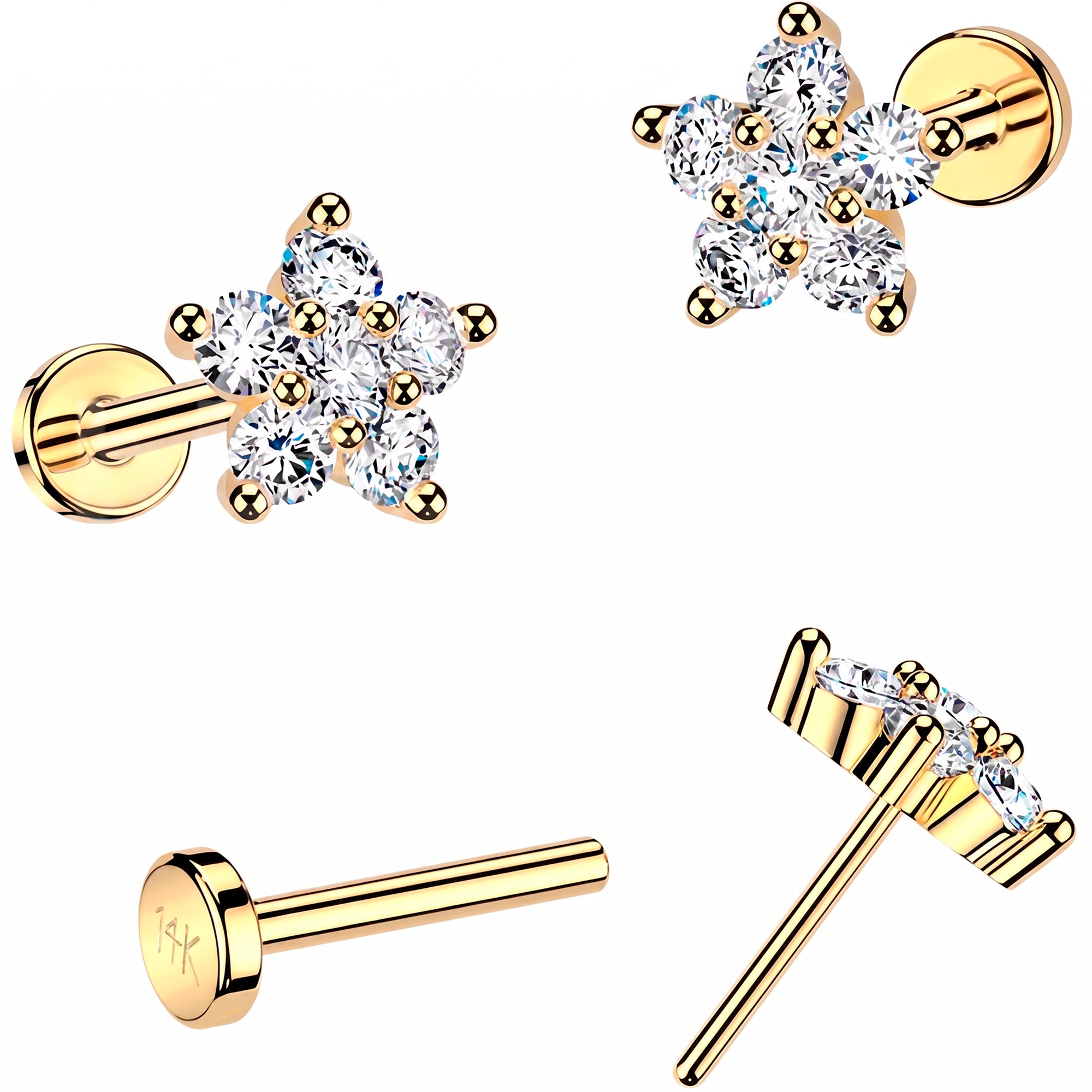 20G 14k Yellow Gold Flower Lab Grown Diamond Threadless Push In Flat Back Earring