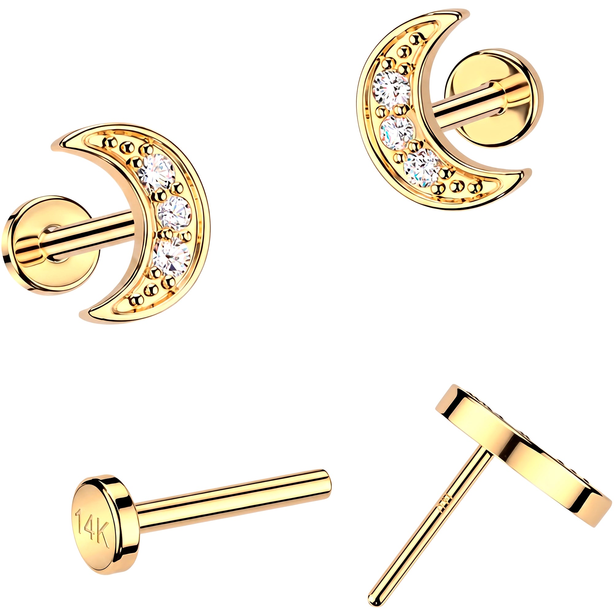 20G 14k Yellow Gold Crescent Moon Lab Grown Diamond Threadless Push In Flat Back Earring