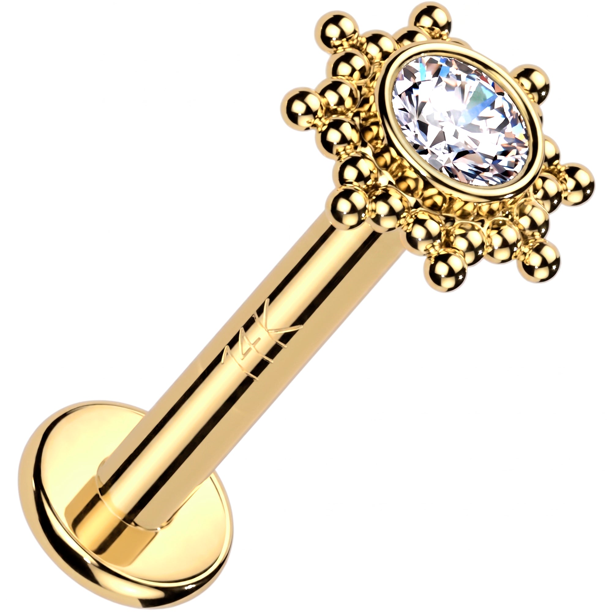 16G 1/4 14k Gold CZ Tribal Sun Threadless Push In Flat Back Earring