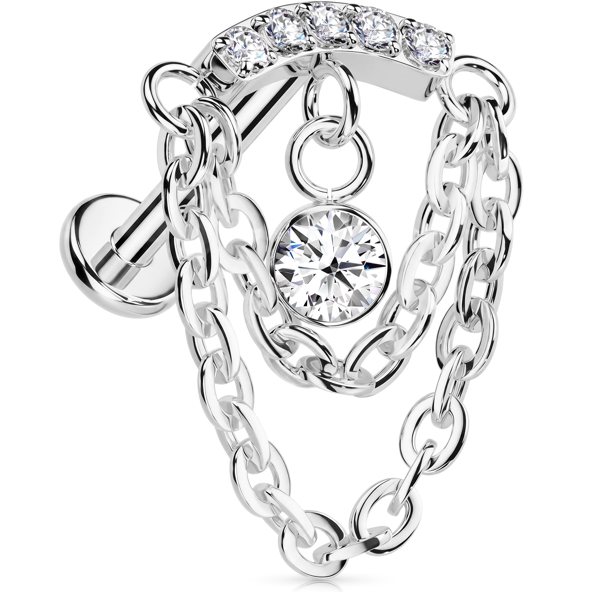 CZ Drop Link Chain Titanium Threadless Dangle Hidden Helix Earring