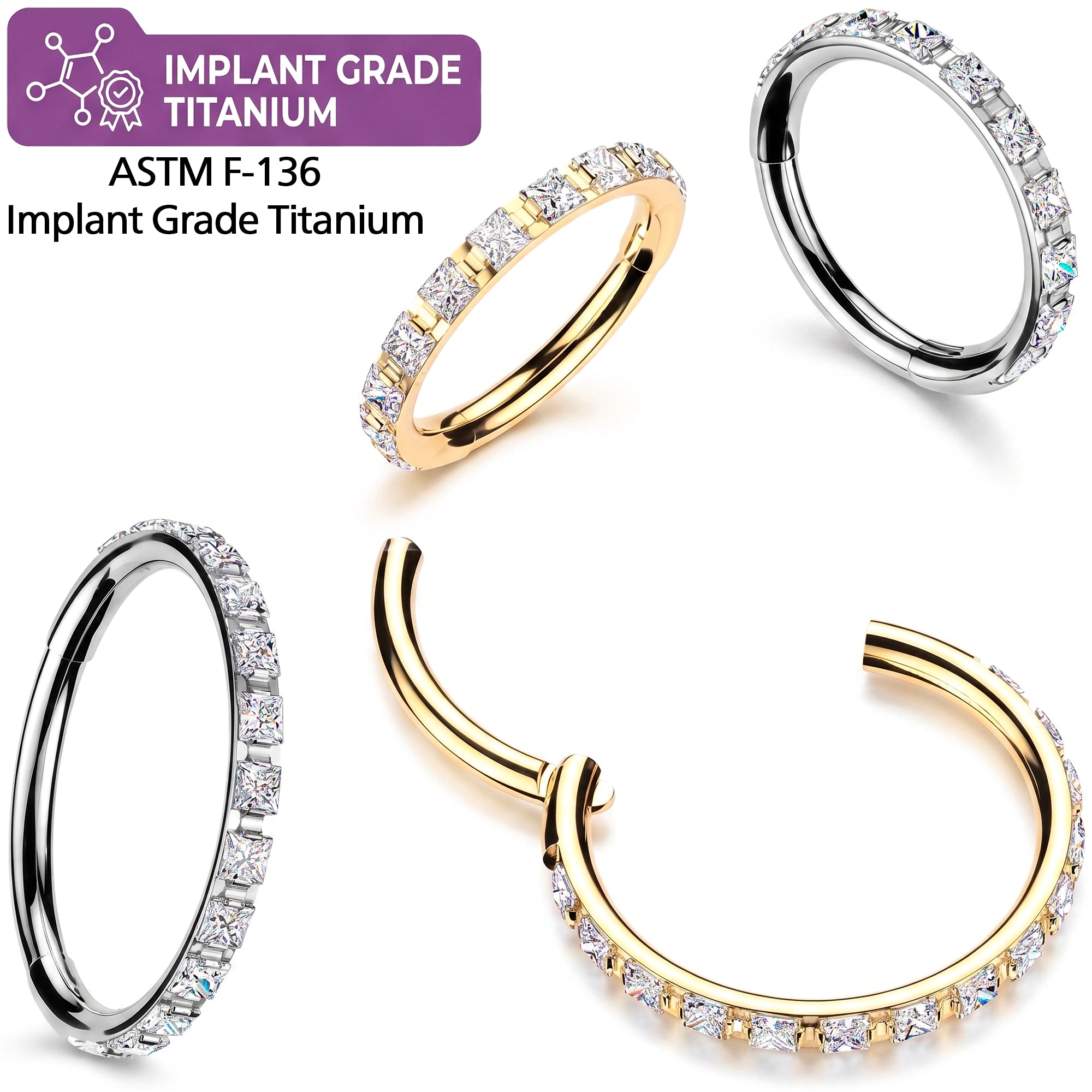 18G 20G Square Micro Gem Implant Grade Titanium Hinged Nose Hoop - CZ Nose Ring