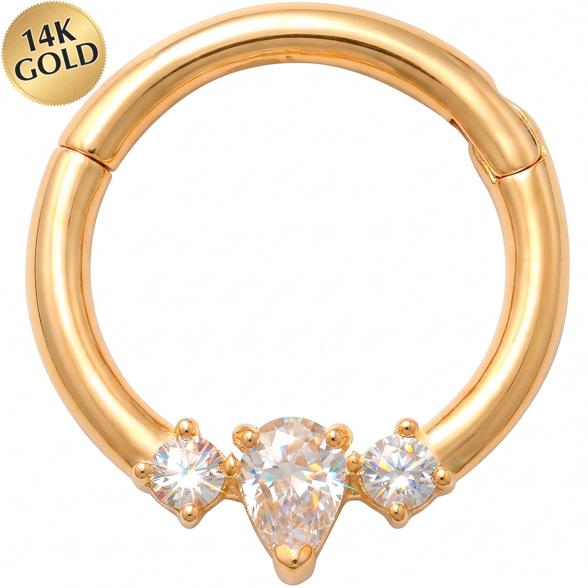 16G 5/16 Solid 14k Yellow Gold CZ Regal Teardrop Trio Hinged Segment Clicker Ring