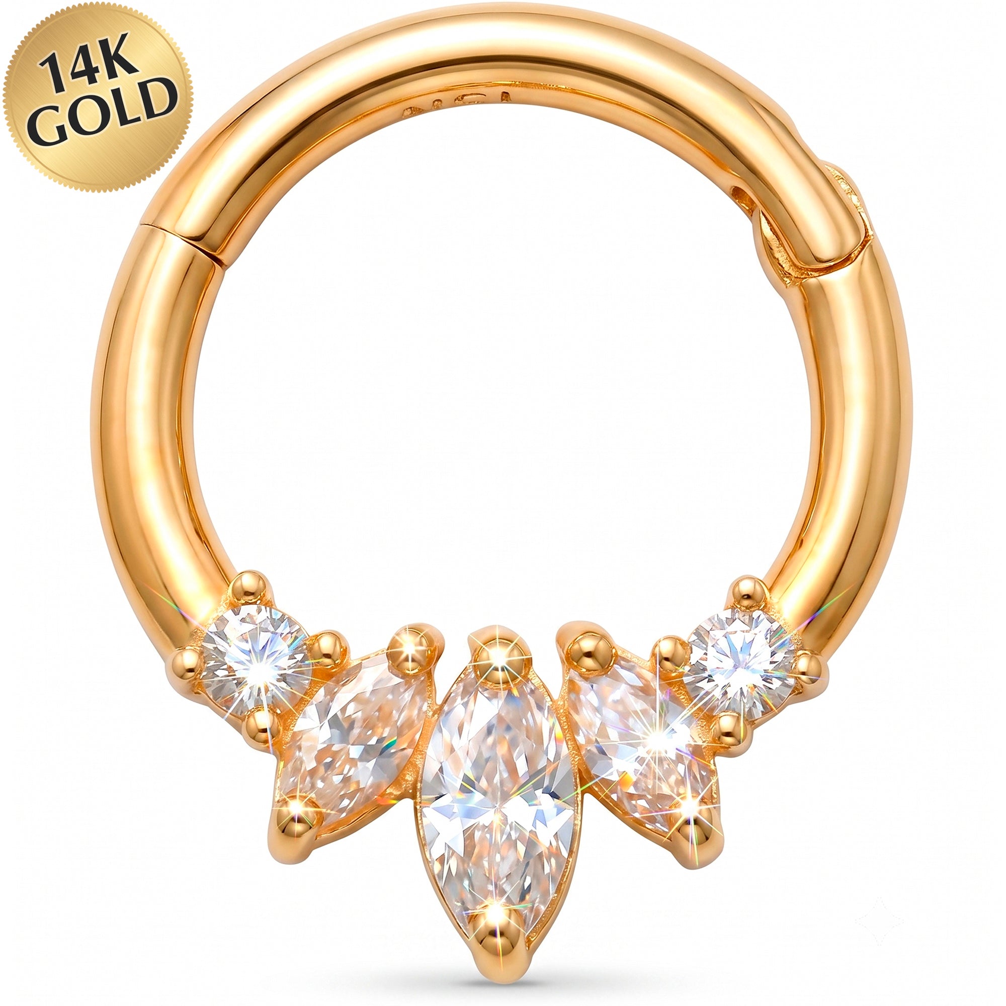 16G 5/16 Solid 14k Yellow Gold CZ Majestic Marquise Crown Hinged Segment Clicker Ring