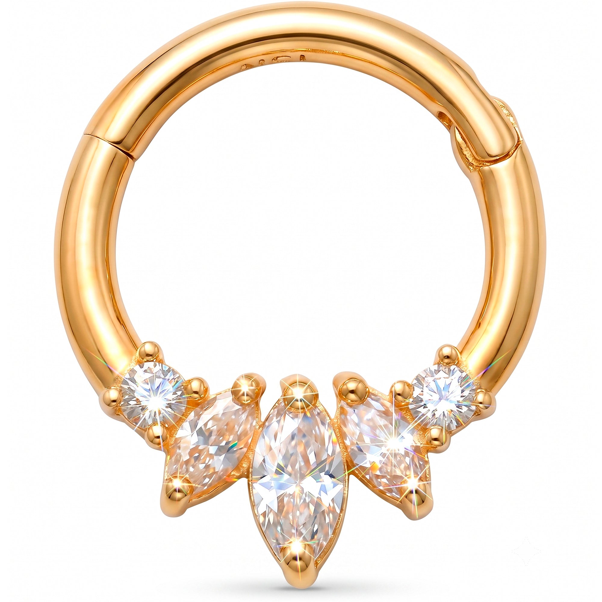 16G 5/16 Solid 14k Yellow Gold CZ Majestic Marquise Crown Hinged Segment Clicker Ring