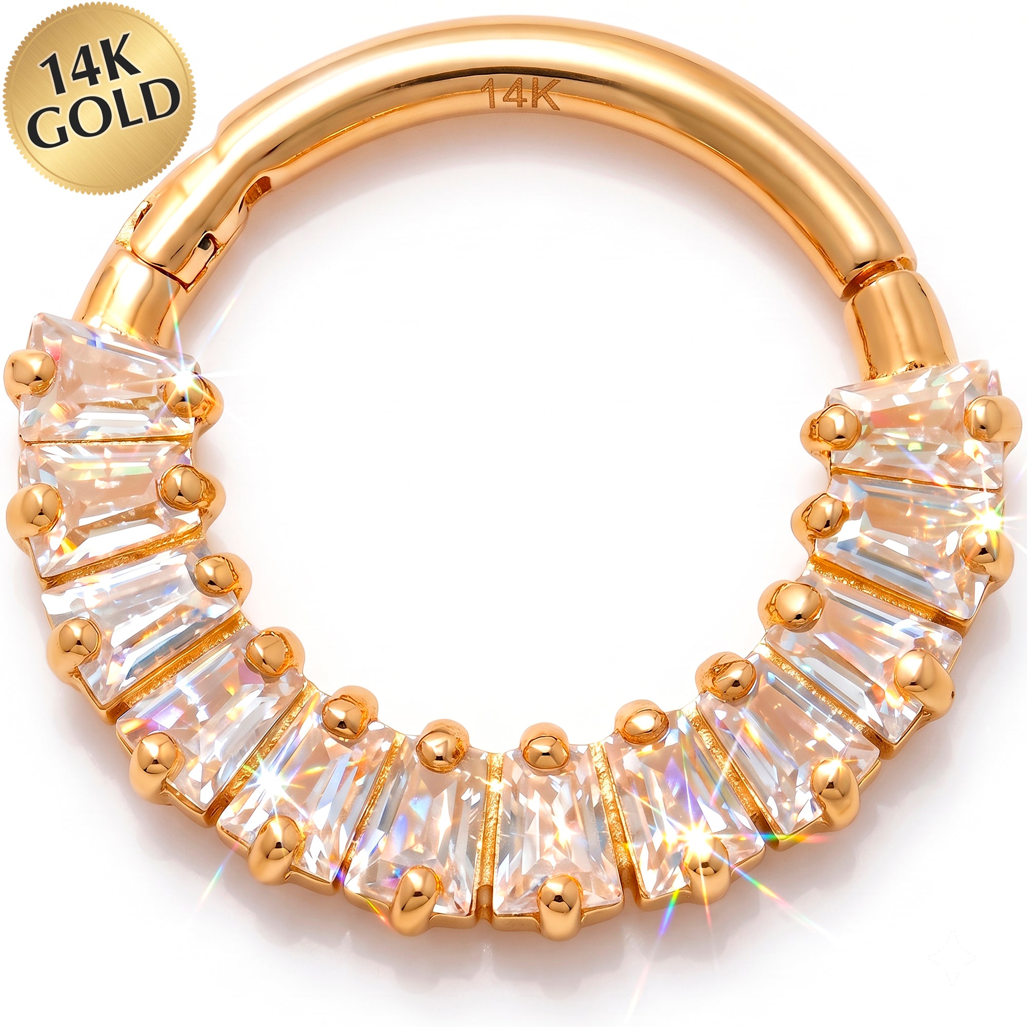 18G 5/16 Solid 14k Yellow Gold CZ Baguette Radiance Hinged Segment Clicker Ring