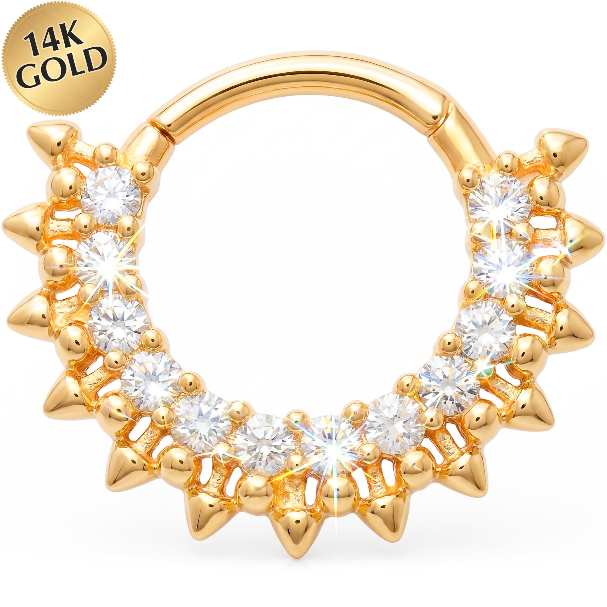 18G 5/16 Solid 14k Yellow Gold CZ Spiked Radiance Hinged Segment Clicker Ring