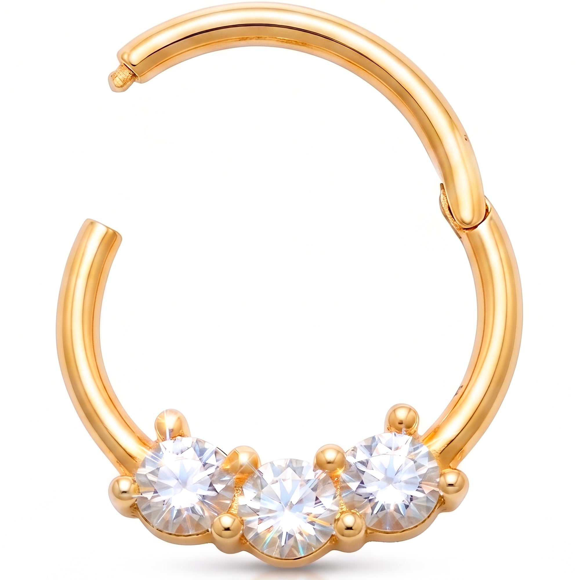 18G 9mm Solid 14k Yellow Gold CZ Triple Brilliance Hinged Segment Clicker Ring
