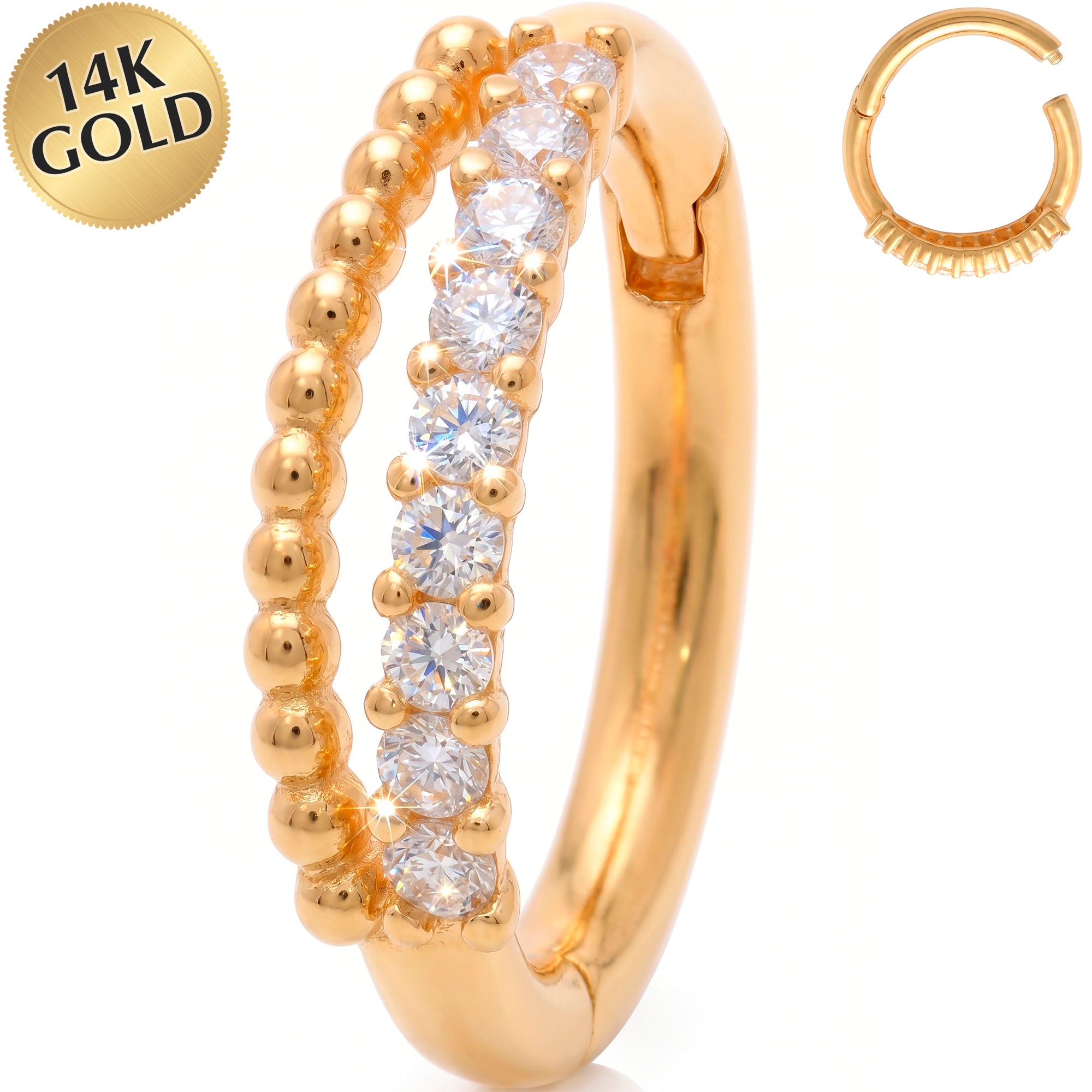16G 5/16 Solid 14k Yellow Gold CZ Beaded Brilliance Hinged Segment Clicker Ring