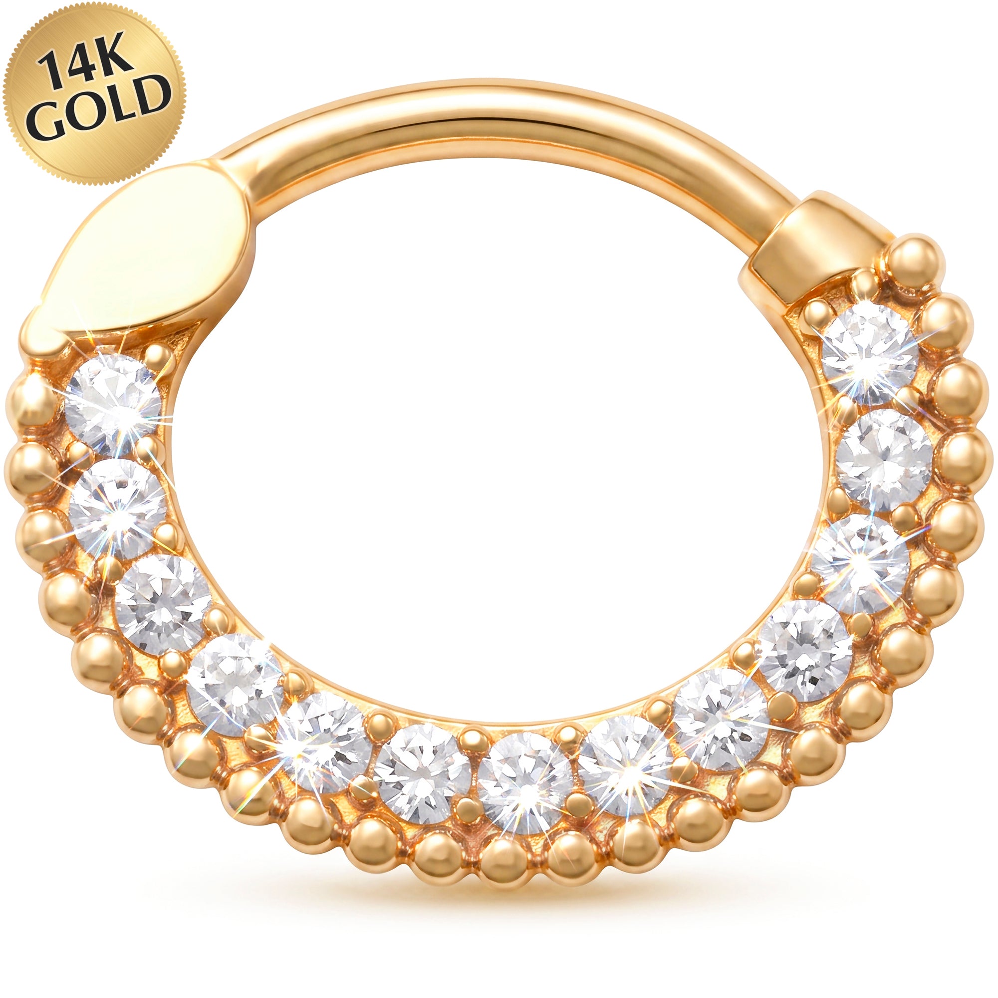 16G 3/8 Solid 14k Yellow Gold CZ Golden Beaded Halo Hinged Segment Clicker Ring