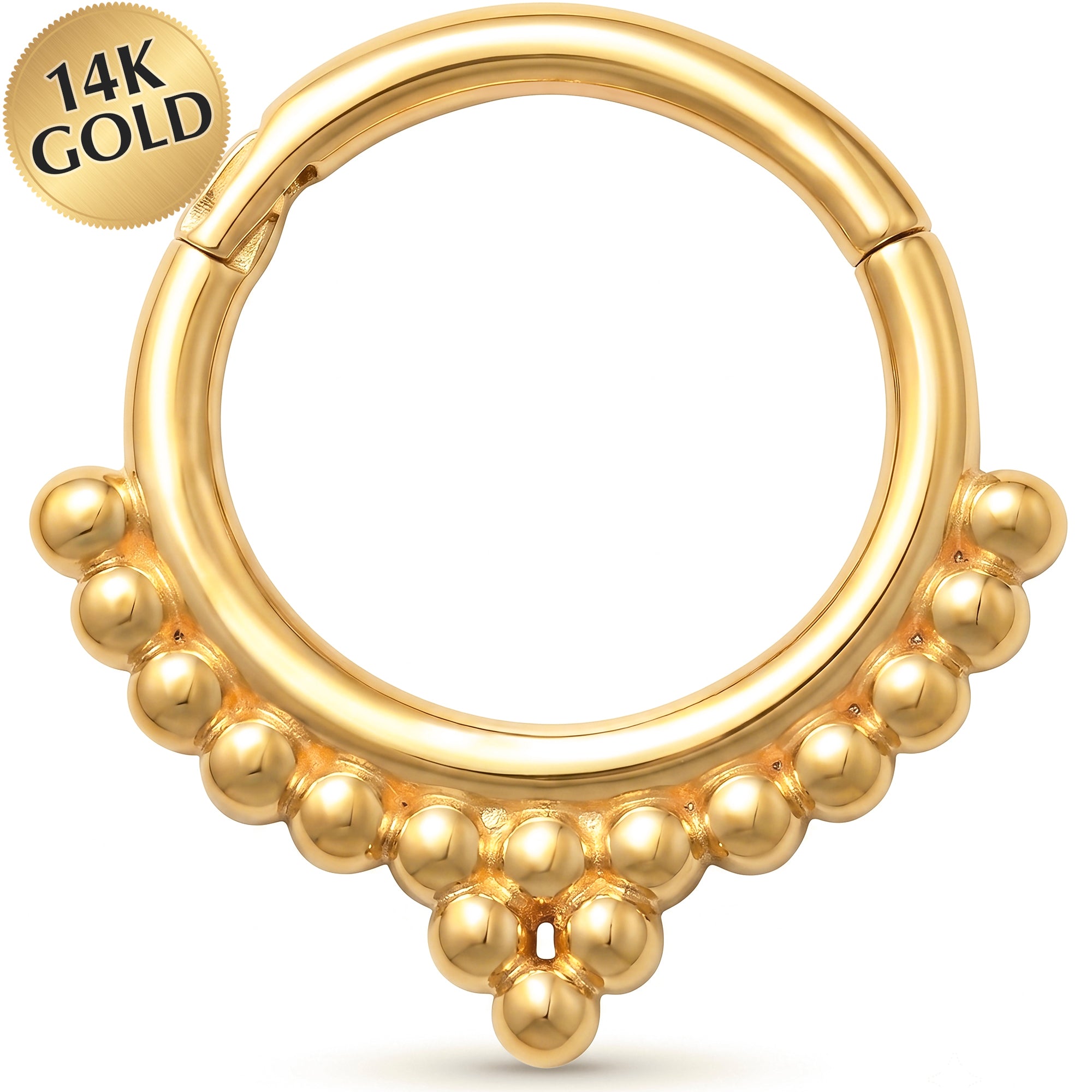 18G 5/16 Solid 14k Yellow Gold Golden Granule Crown Hinged Segment Clicker Ring