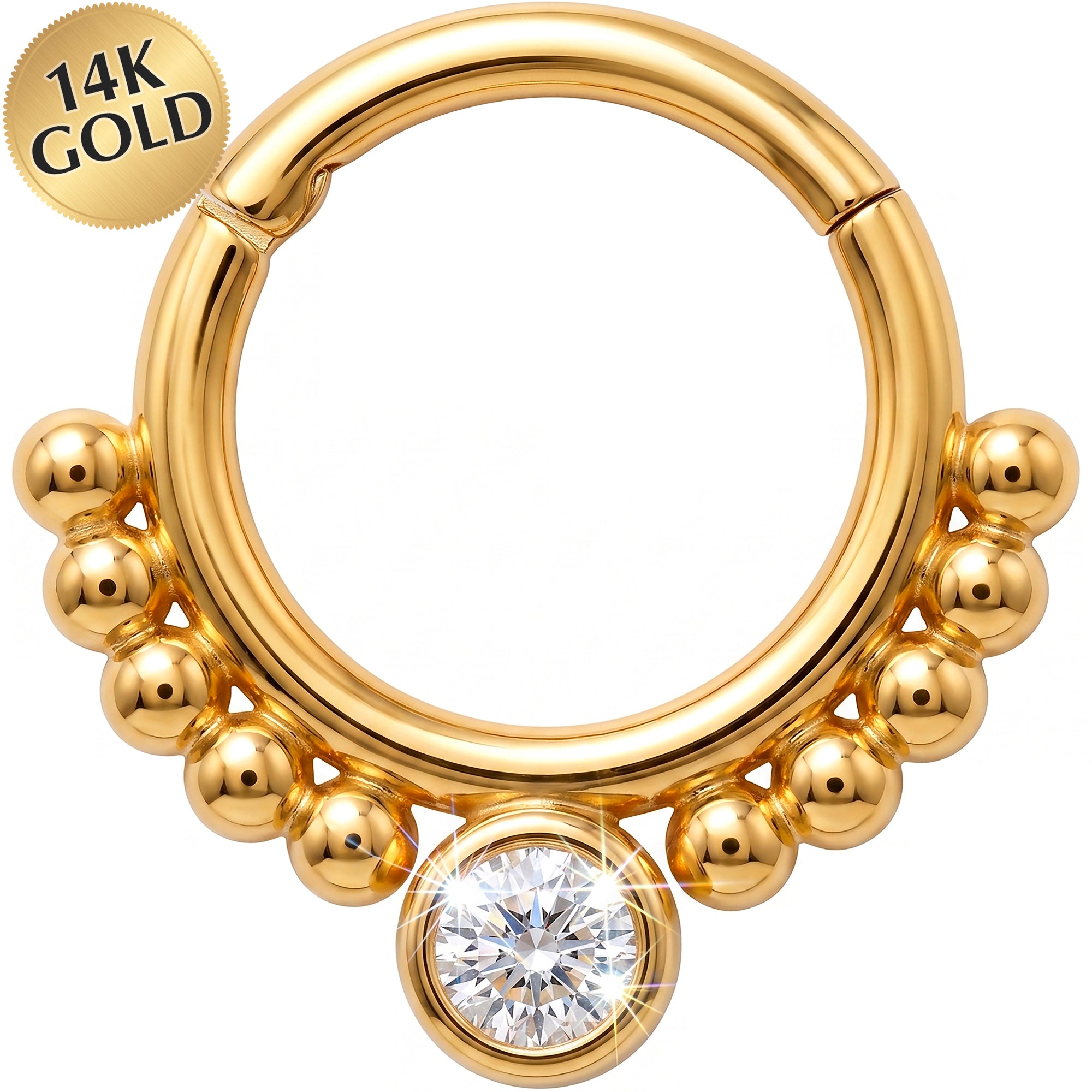 18G 5/16 Solid 14k Yellow Gold CZ Beaded Sun Drop Hinged Segment Clicker Ring