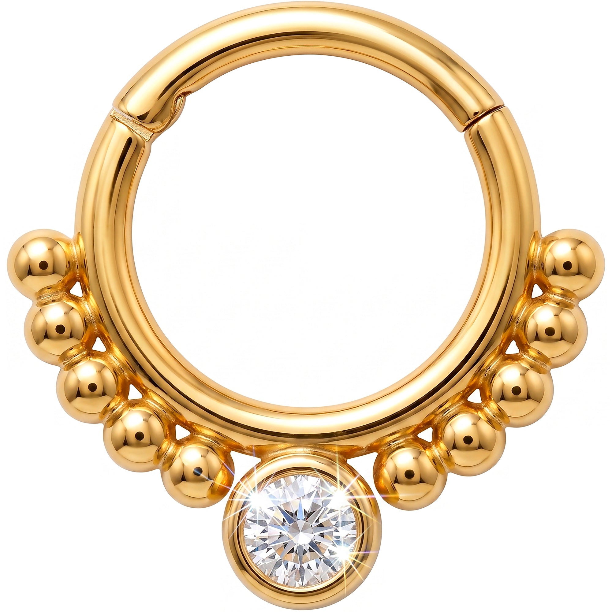 18G 5/16 Solid 14k Yellow Gold CZ Beaded Sun Drop Hinged Segment Clicker Ring